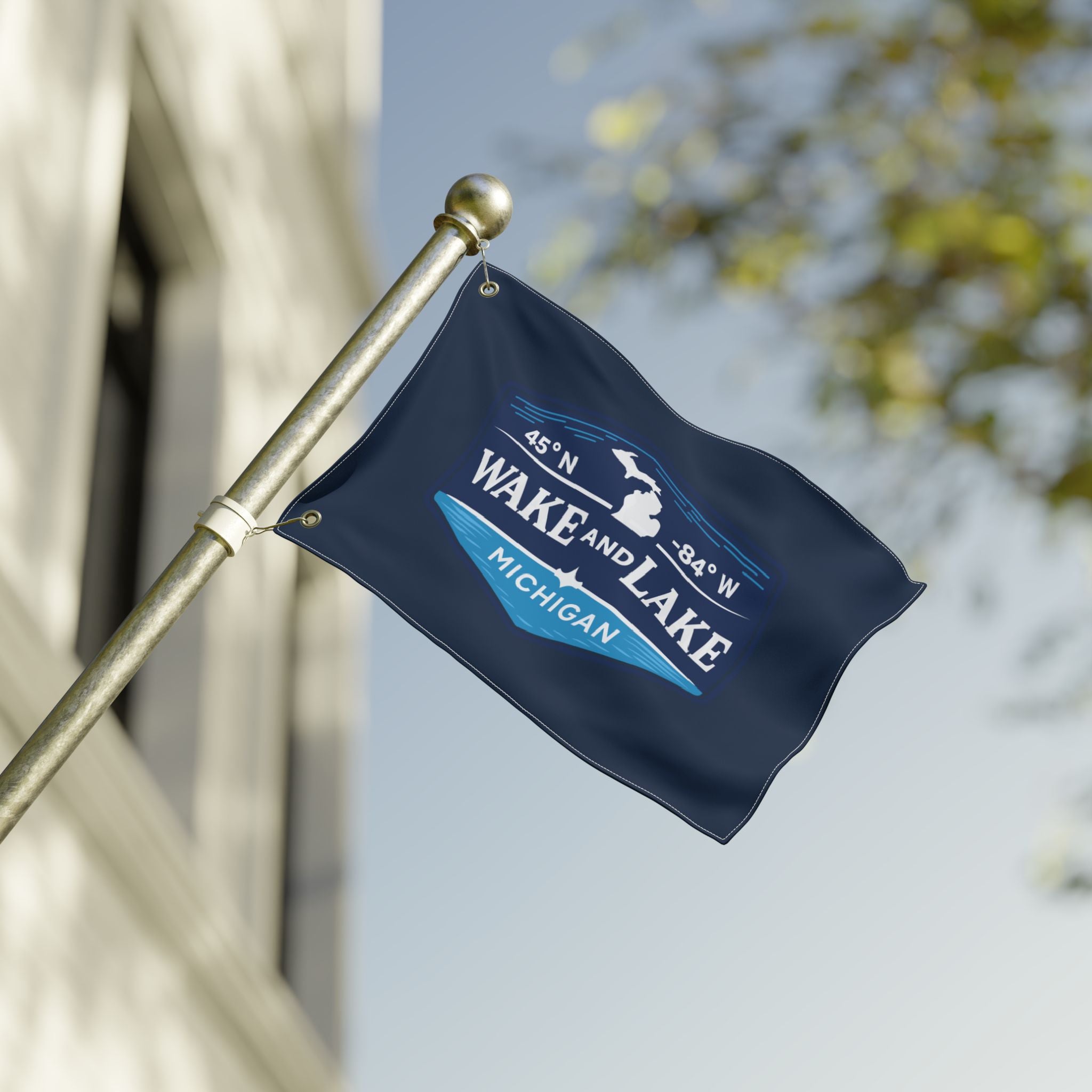 Wake and Lake Double Sided Flag flying from a boat stern on open water
Lake life double sided flag on a dock pole at sunset
Wake and Lake branded boat flag for docks and cabins
Outdoor lake flag with bold Wake and Lake artwork
