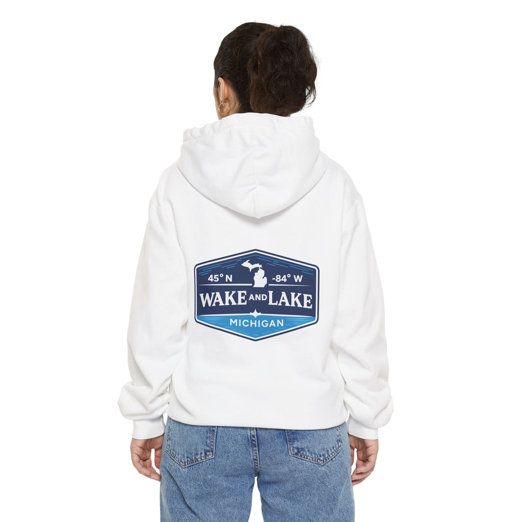 Wake and Lake Life Circle Crest Hoodie Light worn on a summer boat morning
Light-colored lake life sweatshirt with circle crest graphic
Natural white or sand lake hoodie for warm summer days
Soft light fleece with Wake and Lake circle crest design

