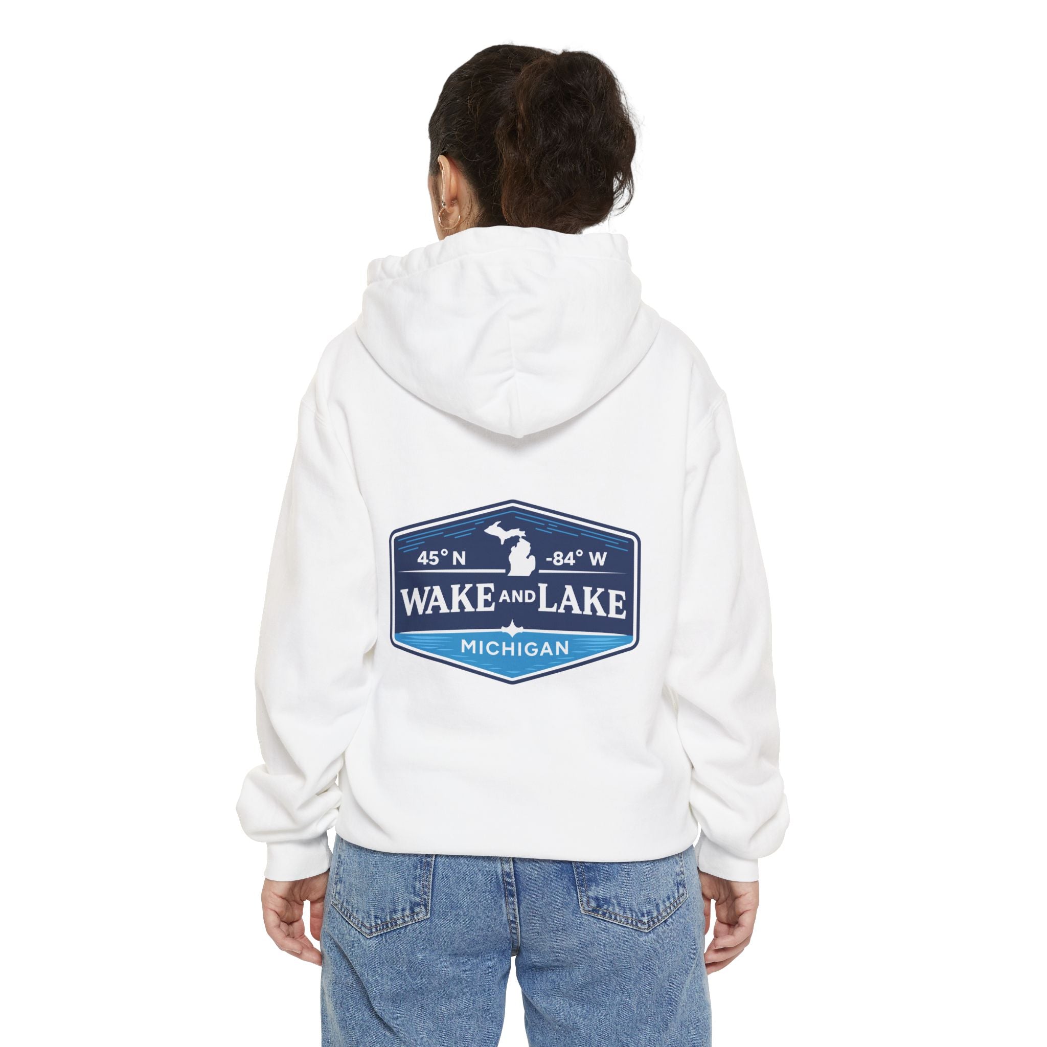 Wake and Lake Life Circle Crest Hoodie Light worn on a summer boat morning
Light-colored lake life sweatshirt with circle crest graphic
Natural white or sand lake hoodie for warm summer days
Soft light fleece with Wake and Lake circle crest design


