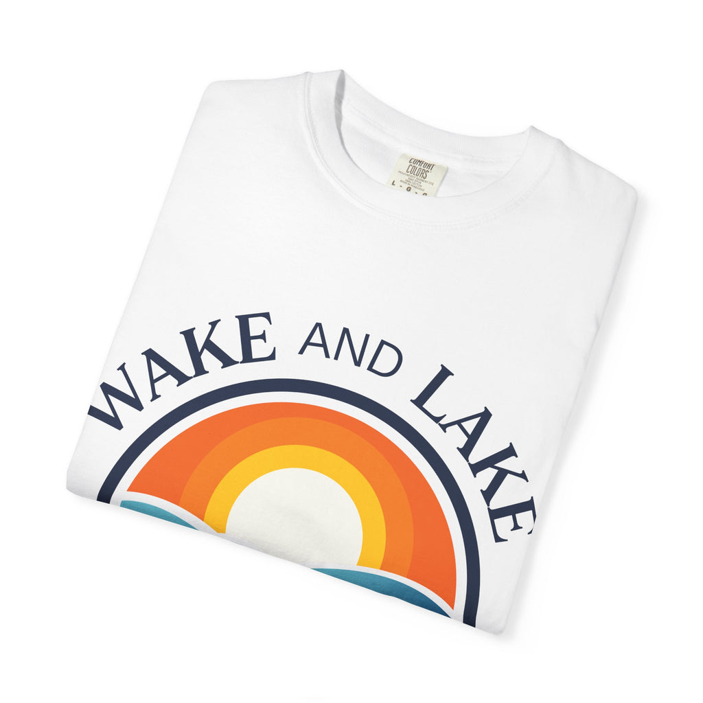 Wake and Lake Life Circle Crest Tee light color on a sunny lake day
White or sand-colored unisex lake t-shirt with circle crest logo
Light summer boating shirt with Wake and Lake branding
Breathable cotton lake life tee in light colorway
