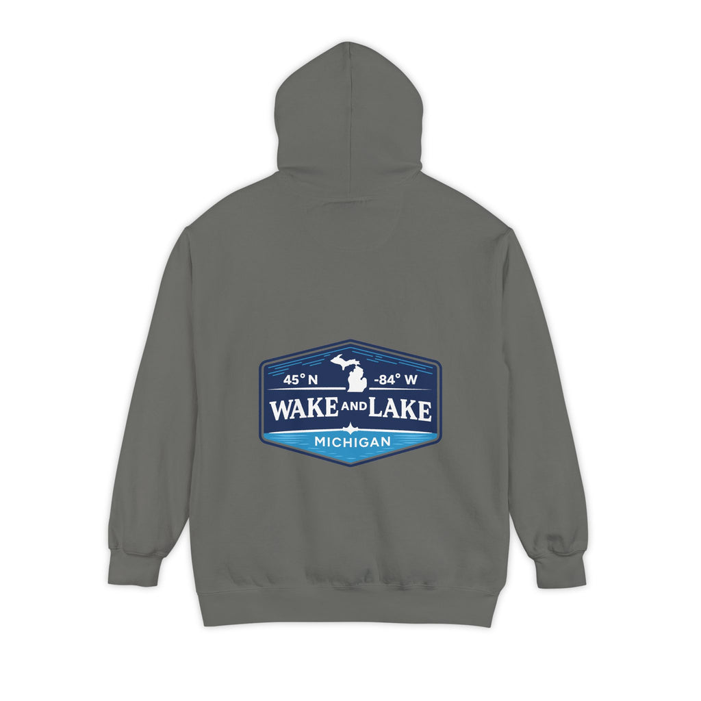 Wake and Lake Michigan Shield Hoodie – Premium in Grey, back view, with the 45°N -84°W coordinate badge across the shoulders.