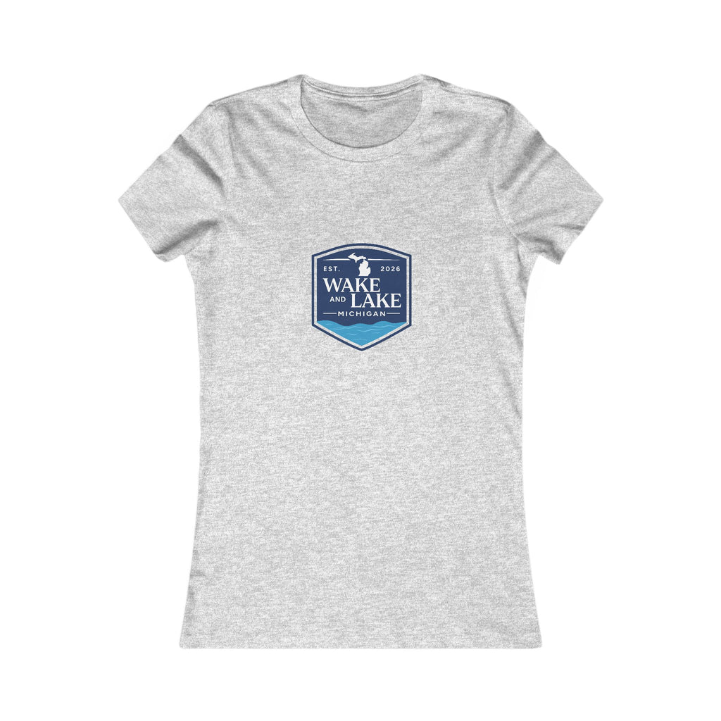 Wake and Lake Michigan Shield Women's Tee worn on a lakeside dock
Fitted women's Michigan lake life shirt with crest graphic
Women's Great Lakes boating tee with Michigan shield logo
Soft fitted women's cotton tee with Wake and Lake Michigan branding
