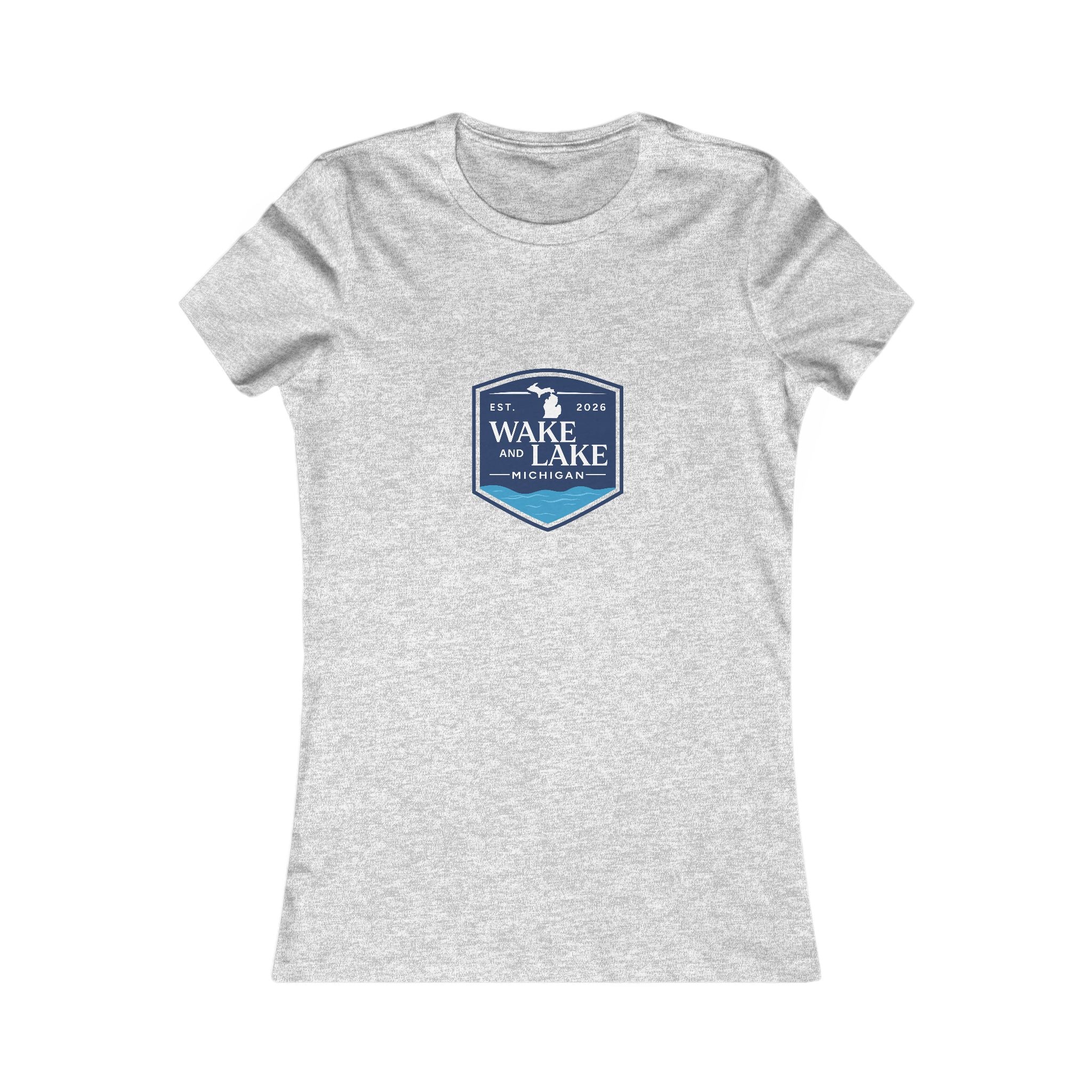 Wake and Lake Michigan Shield Women's Tee worn on a lakeside dock
Fitted women's Michigan lake life shirt with crest graphic
Women's Great Lakes boating tee with Michigan shield logo
Soft fitted women's cotton tee with Wake and Lake Michigan branding
