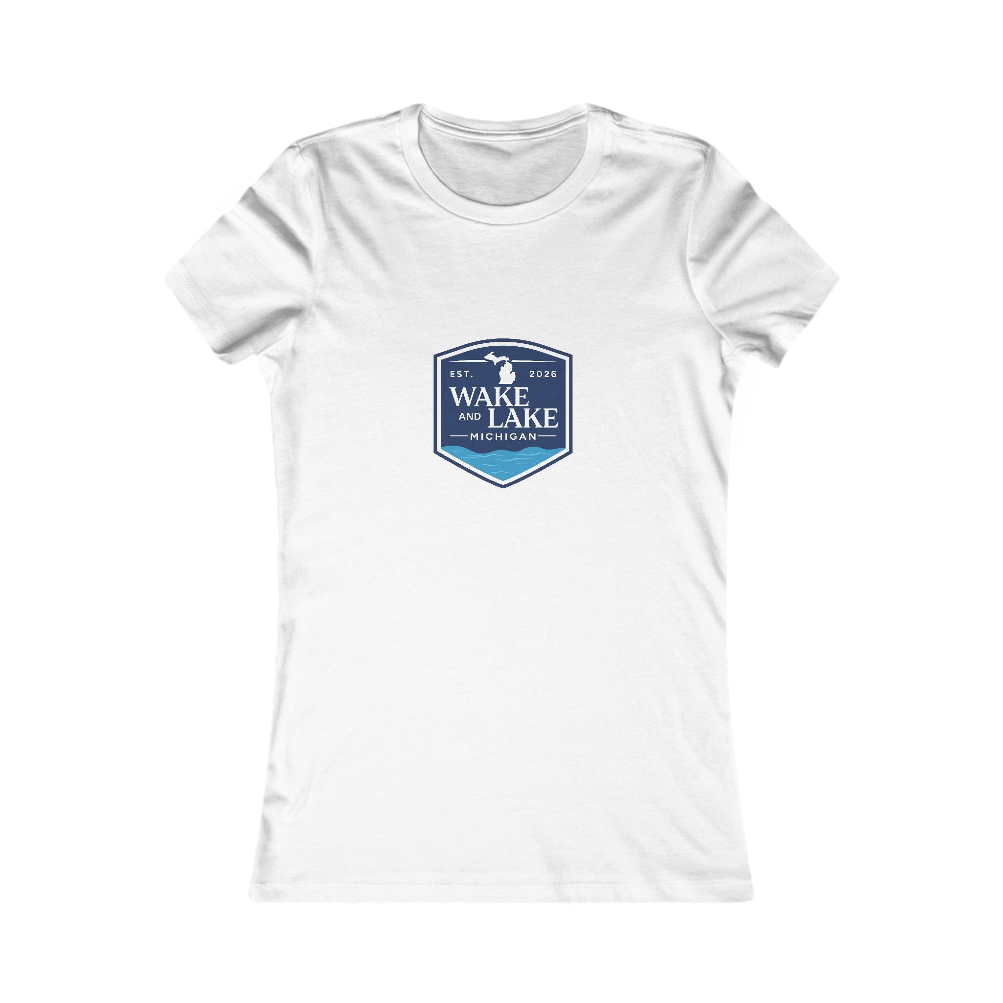 Wake and Lake Michigan Shield Women's Tee worn on a lakeside dock
Fitted women's Michigan lake life shirt with crest graphic
Women's Great Lakes boating tee with Michigan shield logo
Soft fitted women's cotton tee with Wake and Lake Michigan branding
