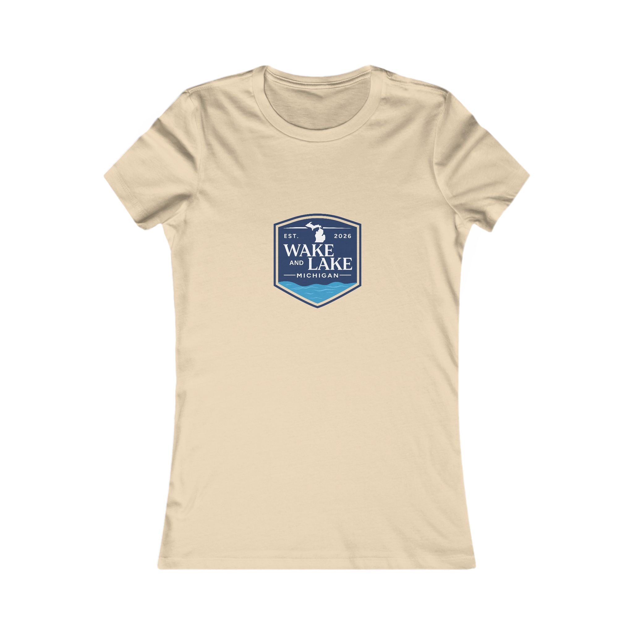 Wake and Lake Michigan Shield Women's Tee worn on a lakeside dock
Fitted women's Michigan lake life shirt with crest graphic
Women's Great Lakes boating tee with Michigan shield logo
Soft fitted women's cotton tee with Wake and Lake Michigan branding
