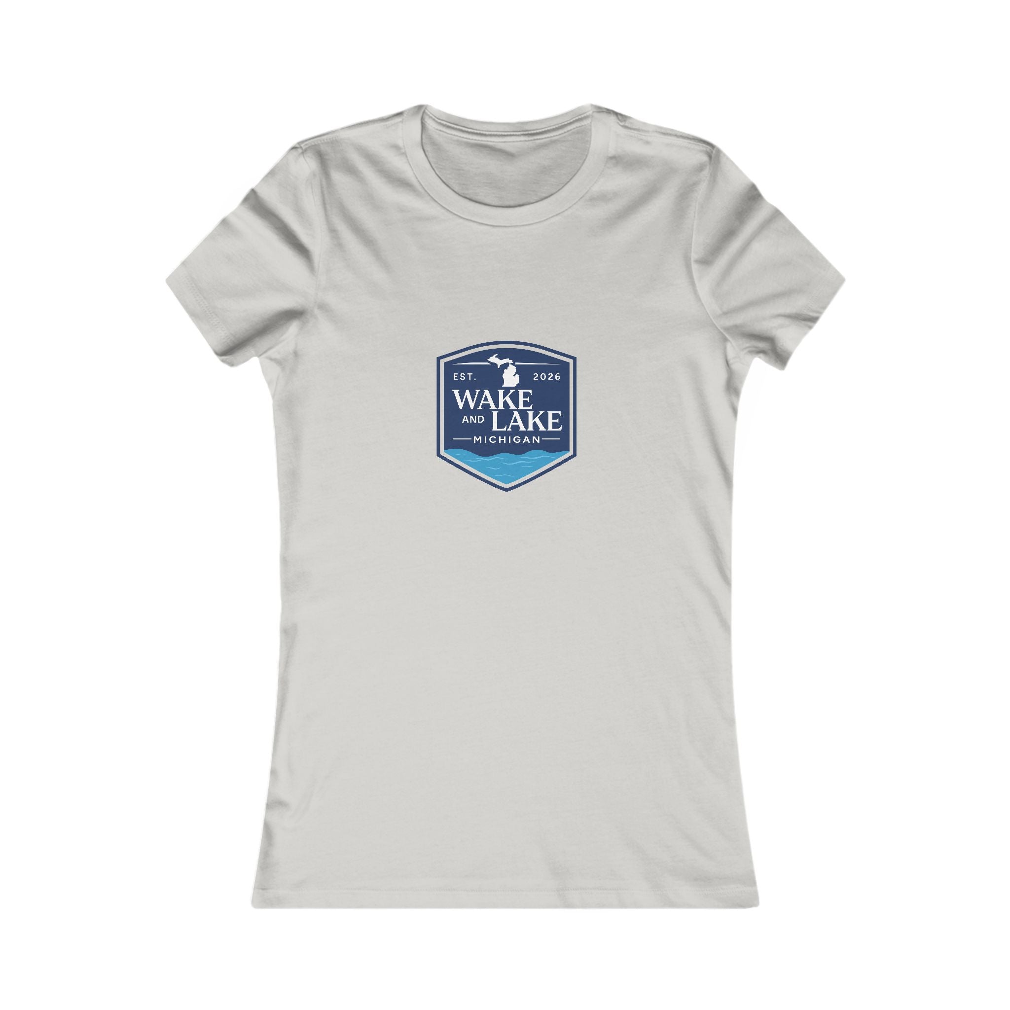 Wake and Lake Michigan Shield Women's Tee worn on a lakeside dock
Fitted women's Michigan lake life shirt with crest graphic
Women's Great Lakes boating tee with Michigan shield logo
Soft fitted women's cotton tee with Wake and Lake Michigan branding
