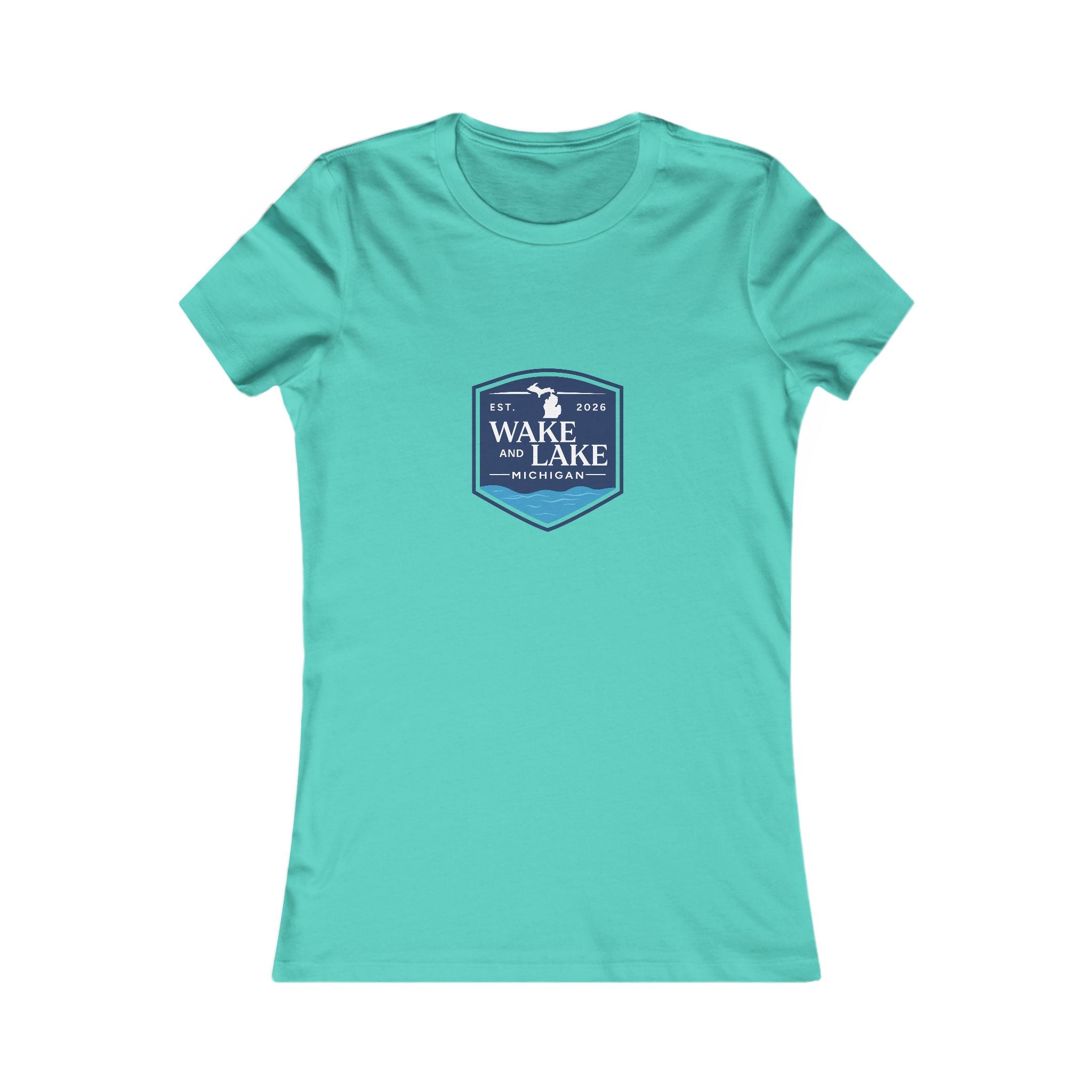 Wake and Lake Michigan Shield Women's Tee worn on a lakeside dock
Fitted women's Michigan lake life shirt with crest graphic
Women's Great Lakes boating tee with Michigan shield logo
Soft fitted women's cotton tee with Wake and Lake Michigan branding

