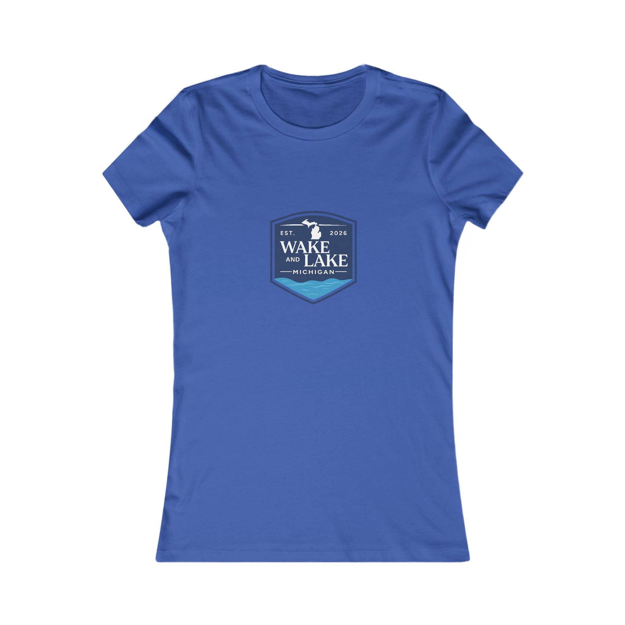 Wake and Lake Michigan Shield Women's Tee worn on a lakeside dock
Fitted women's Michigan lake life shirt with crest graphic
Women's Great Lakes boating tee with Michigan shield logo
Soft fitted women's cotton tee with Wake and Lake Michigan branding
