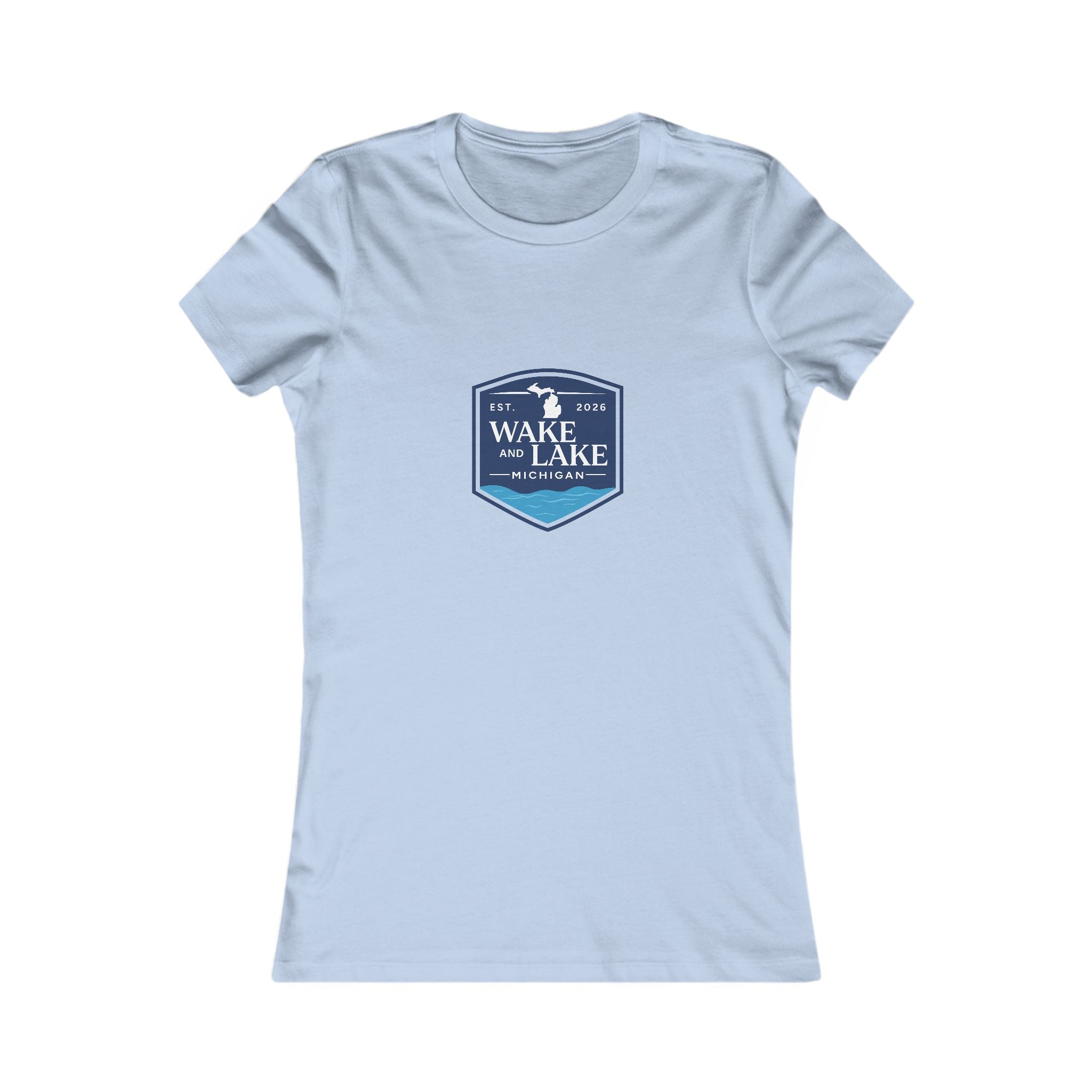 Wake and Lake Michigan Shield Women's Tee worn on a lakeside dock
Fitted women's Michigan lake life shirt with crest graphic
Women's Great Lakes boating tee with Michigan shield logo
Soft fitted women's cotton tee with Wake and Lake Michigan branding
