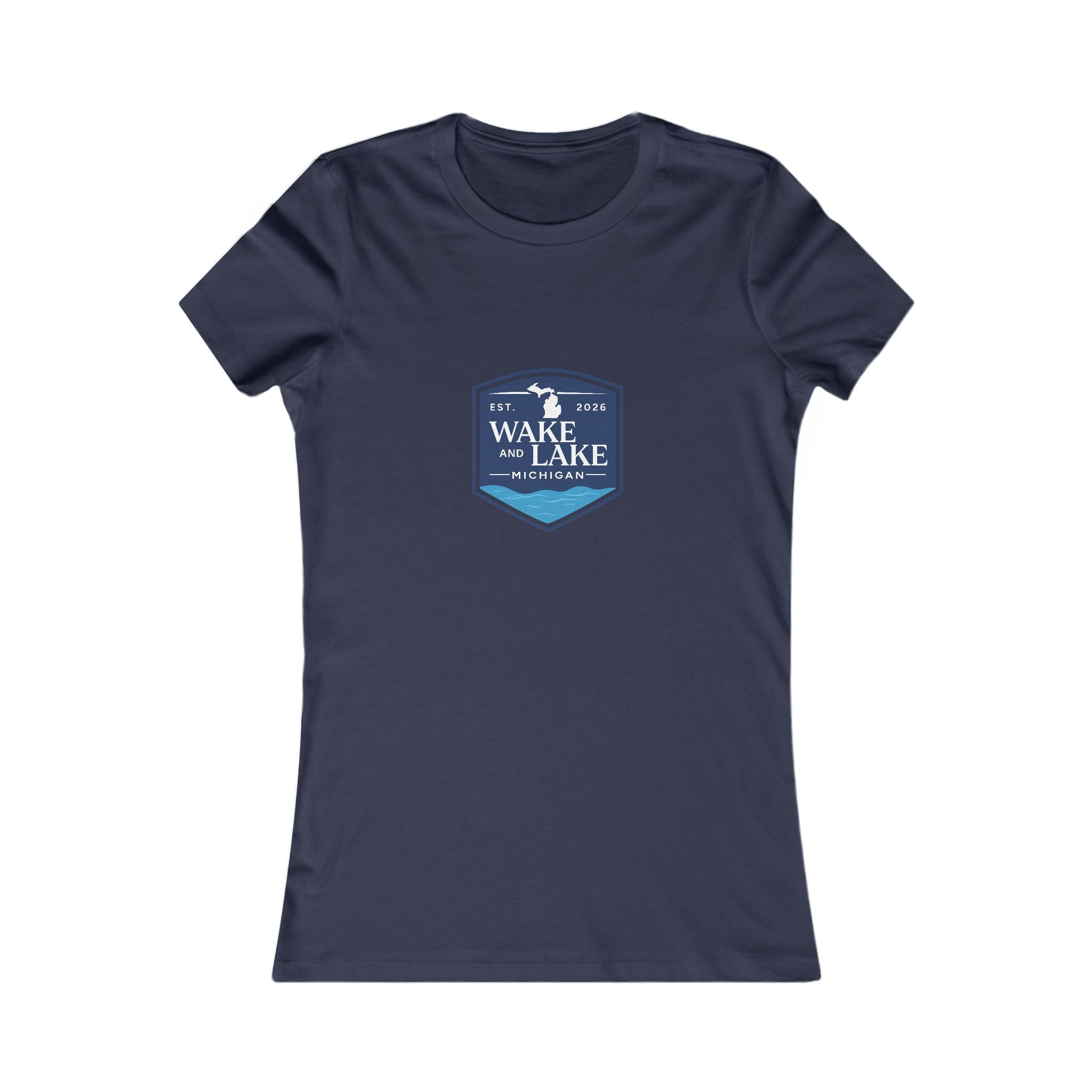 Wake and Lake Michigan Shield Women's Tee worn on a lakeside dock
Fitted women's Michigan lake life shirt with crest graphic
Women's Great Lakes boating tee with Michigan shield logo
Soft fitted women's cotton tee with Wake and Lake Michigan branding
