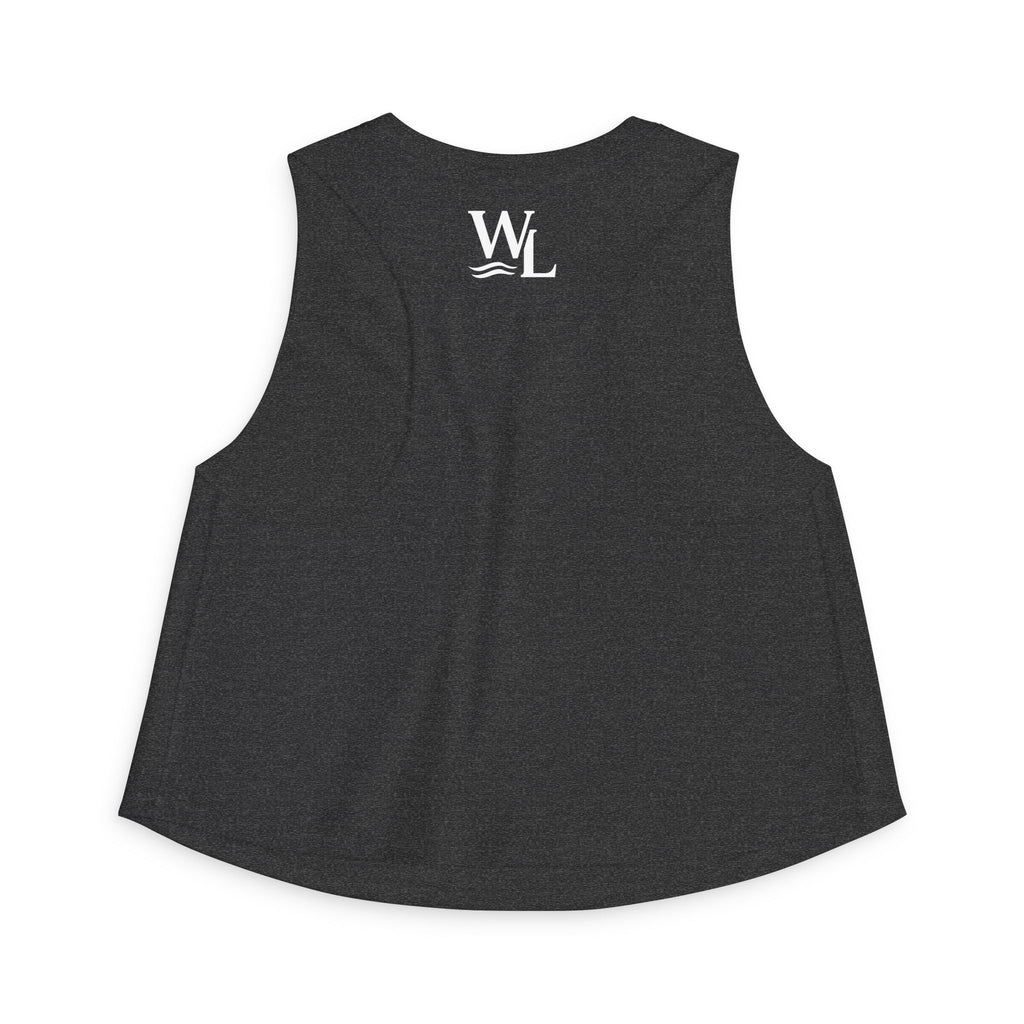 Wake and Lake Michigan Shield Women's Crop Tee – Fitted, sleeveless, black, back view with WL logo