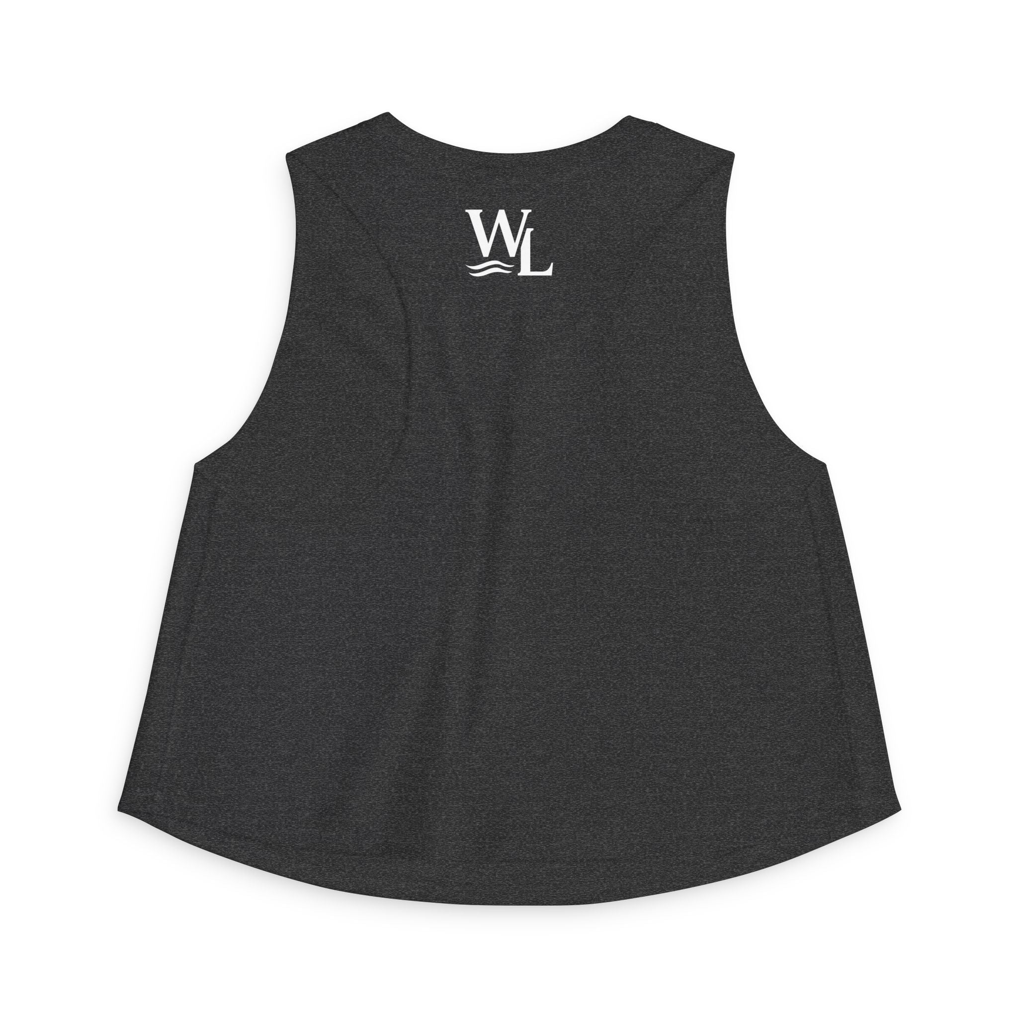 Wake and Lake Michigan Shield Women's Crop Tee – Fitted, sleeveless, black, back view with WL logo