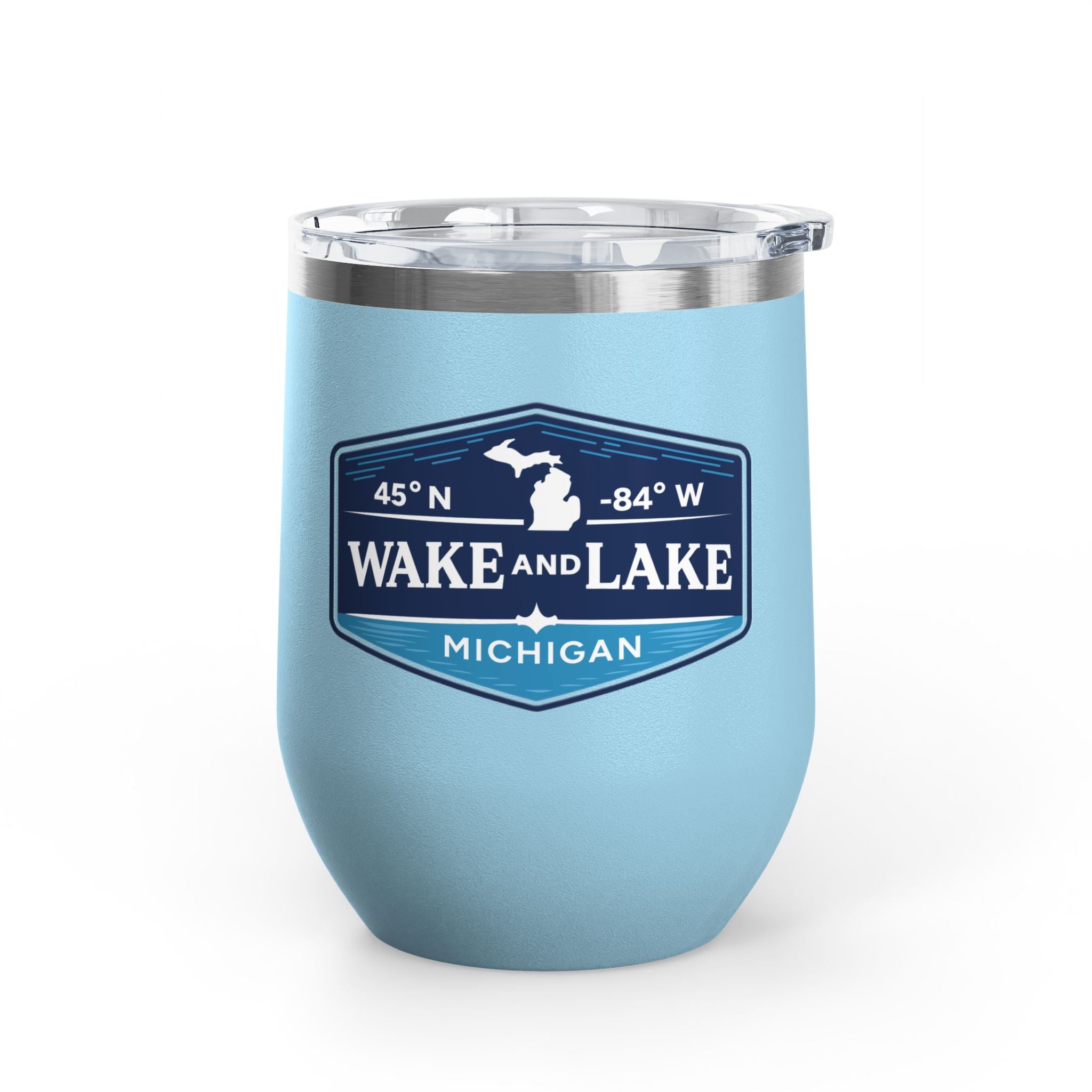 Wake and Lake Michigan Coordinate Badge Wine Tumbler on a sunset dock
Slim 12oz insulated wine tumbler with Michigan coordinate badge
Lake life wine glass tumbler with Michigan Great Lakes branding
Elegant Michigan coordinate badge drinkware gift for lake evenings
