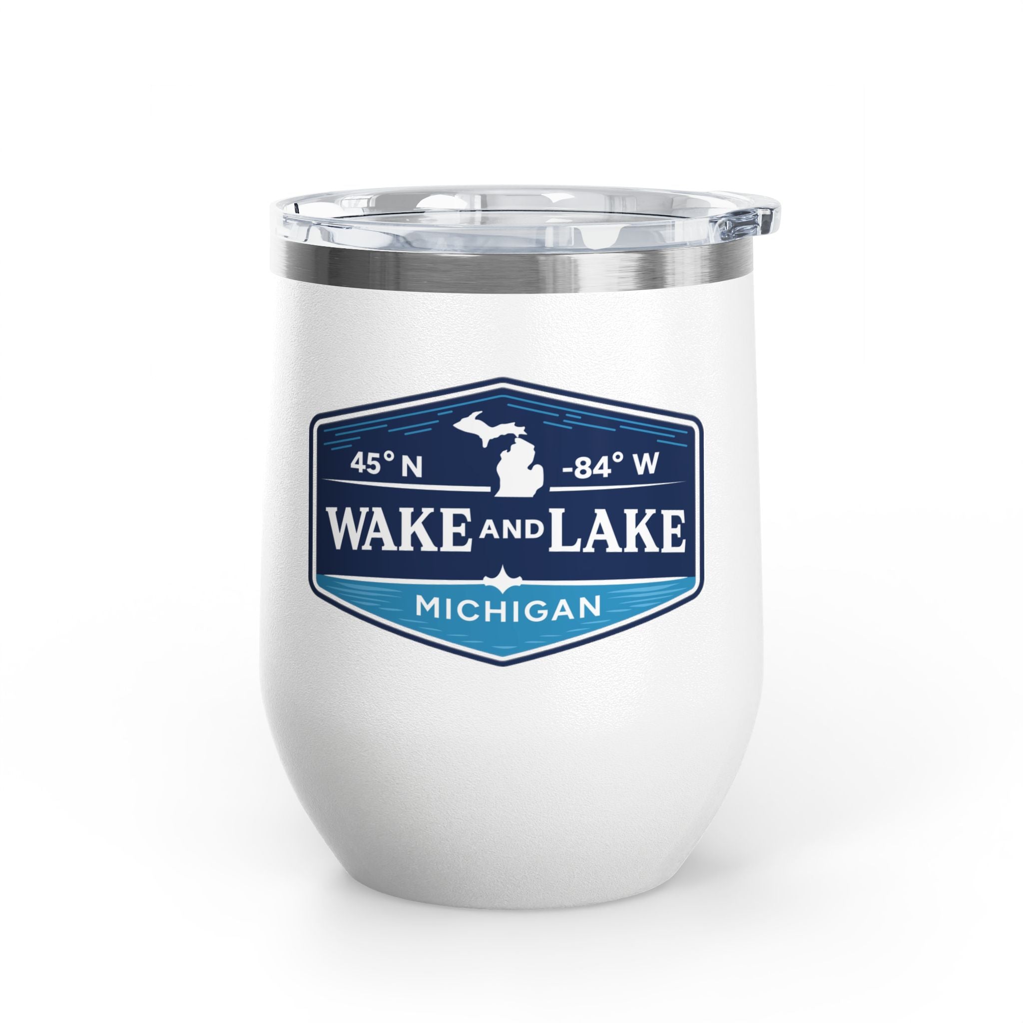 Wake and Lake Michigan Coordinate Badge Wine Tumbler on a sunset dock
Slim 12oz insulated wine tumbler with Michigan coordinate badge
Lake life wine glass tumbler with Michigan Great Lakes branding
Elegant Michigan coordinate badge drinkware gift for lake evenings
