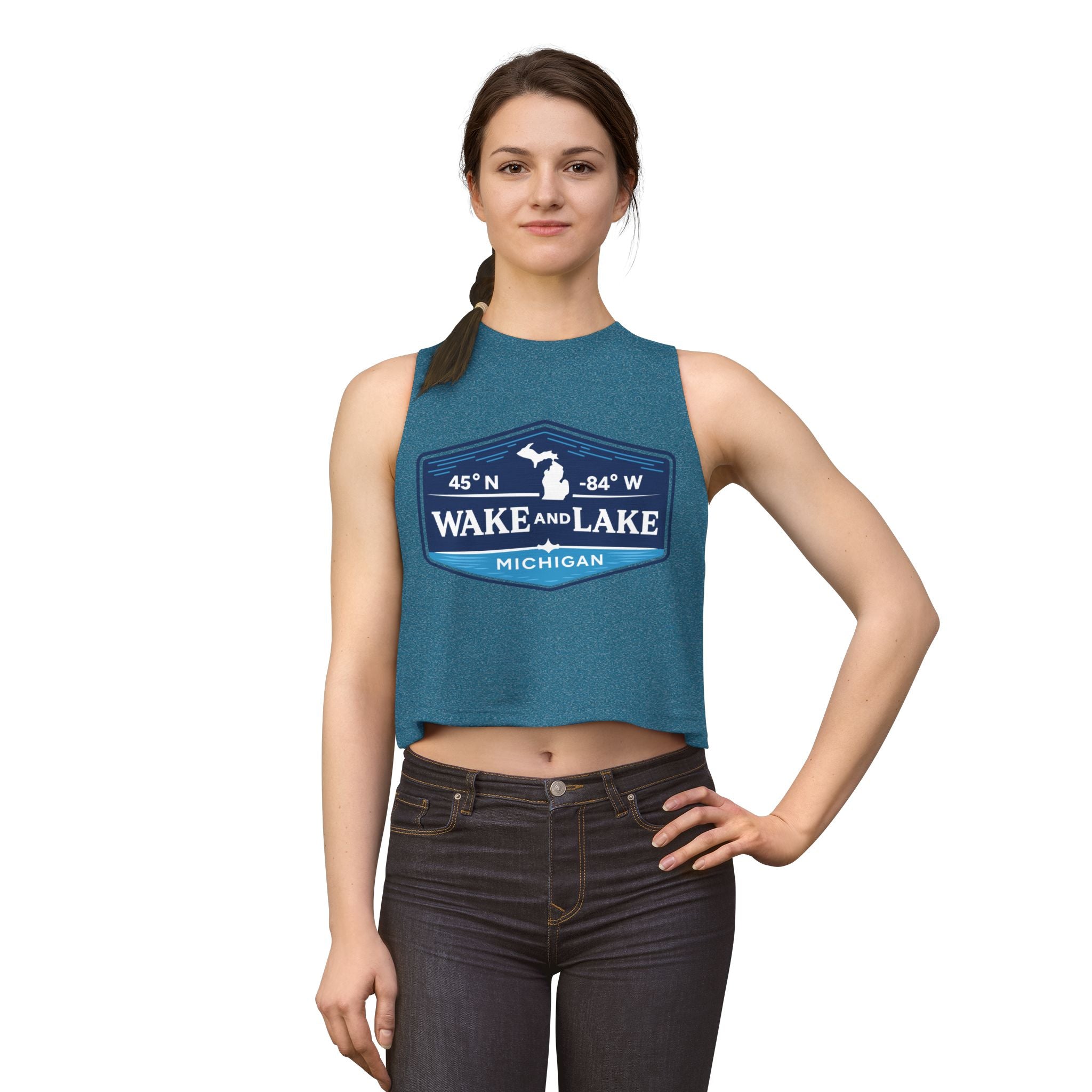 Wake and Lake Michigan Shield Women's Crop Tee – Fitted, sleeveless, blue, front view on model