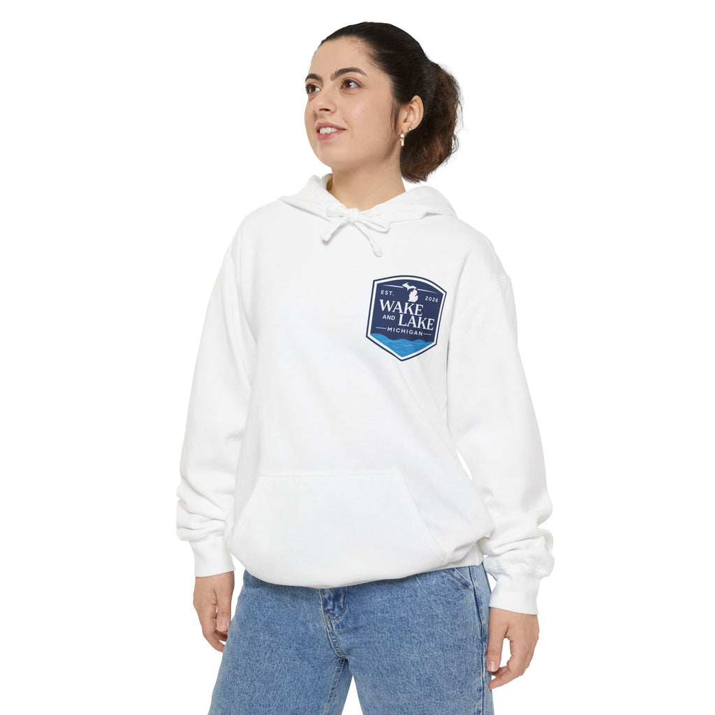 Wake and Lake Life Circle Crest Hoodie Light worn on a summer boat morning
Light-colored lake life sweatshirt with circle crest graphic
Natural white or sand lake hoodie for warm summer days
Soft light fleece with Wake and Lake circle crest design

