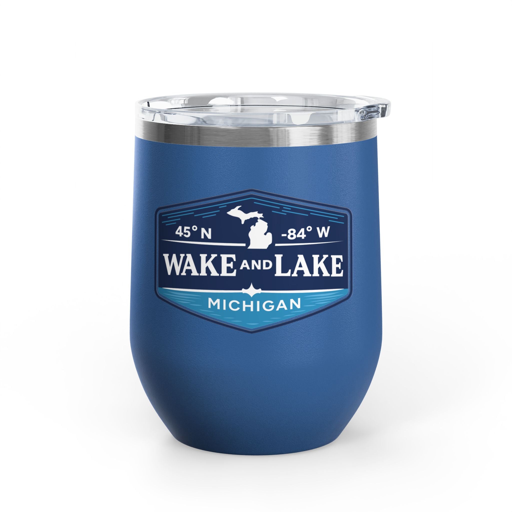 Wake and Lake Michigan Coordinate Badge Wine Tumbler on a sunset dock
Slim 12oz insulated wine tumbler with Michigan coordinate badge
Lake life wine glass tumbler with Michigan Great Lakes branding
Elegant Michigan coordinate badge drinkware gift for lake evenings
