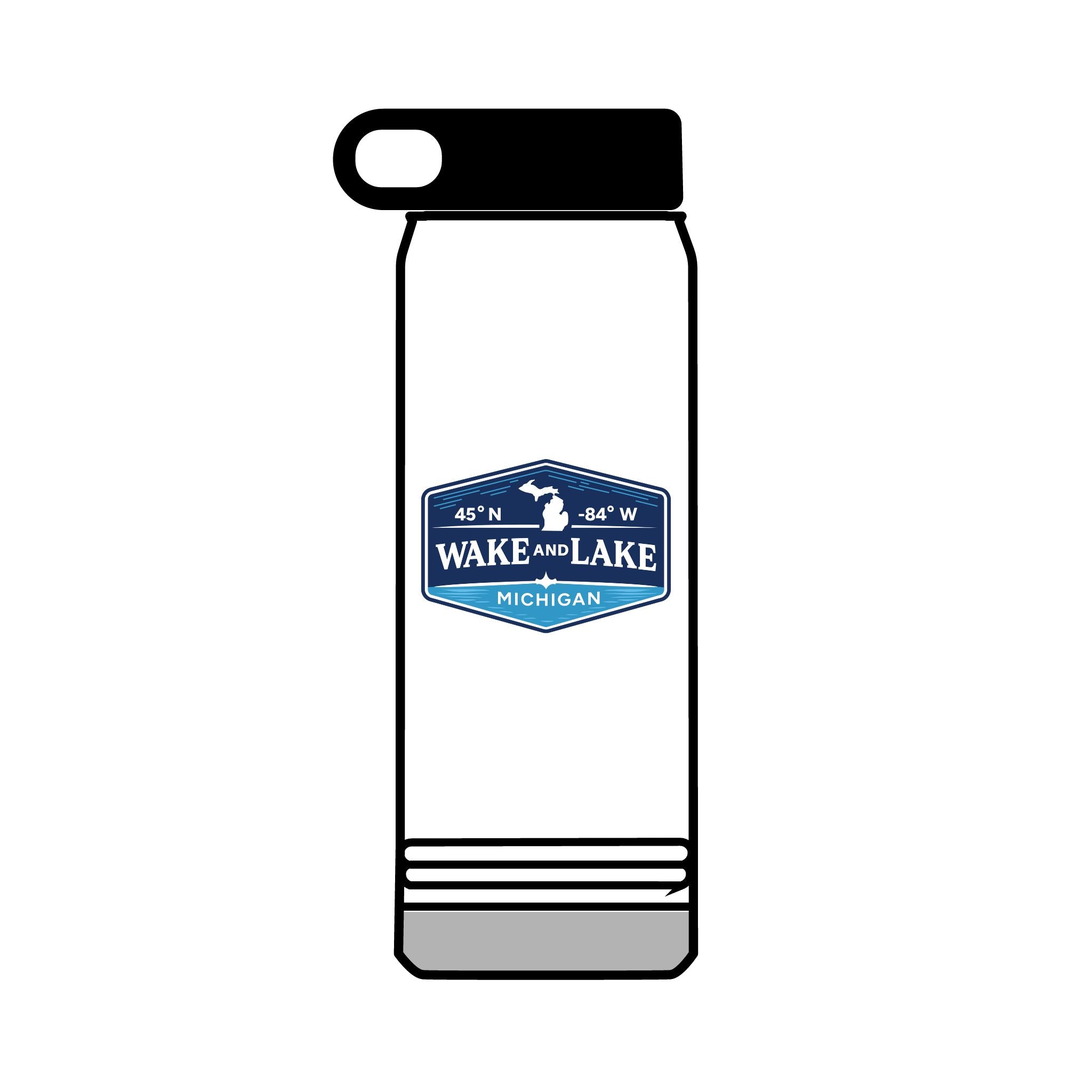 Wake and Lake Michigan Coordinate Badge White Water Bottle on a boat rail
Clean white insulated Michigan water bottle for lake days
Michigan coordinate badge drinkware for outdoor and boating use
White lake water bottle with Michigan Great Lakes graphic

