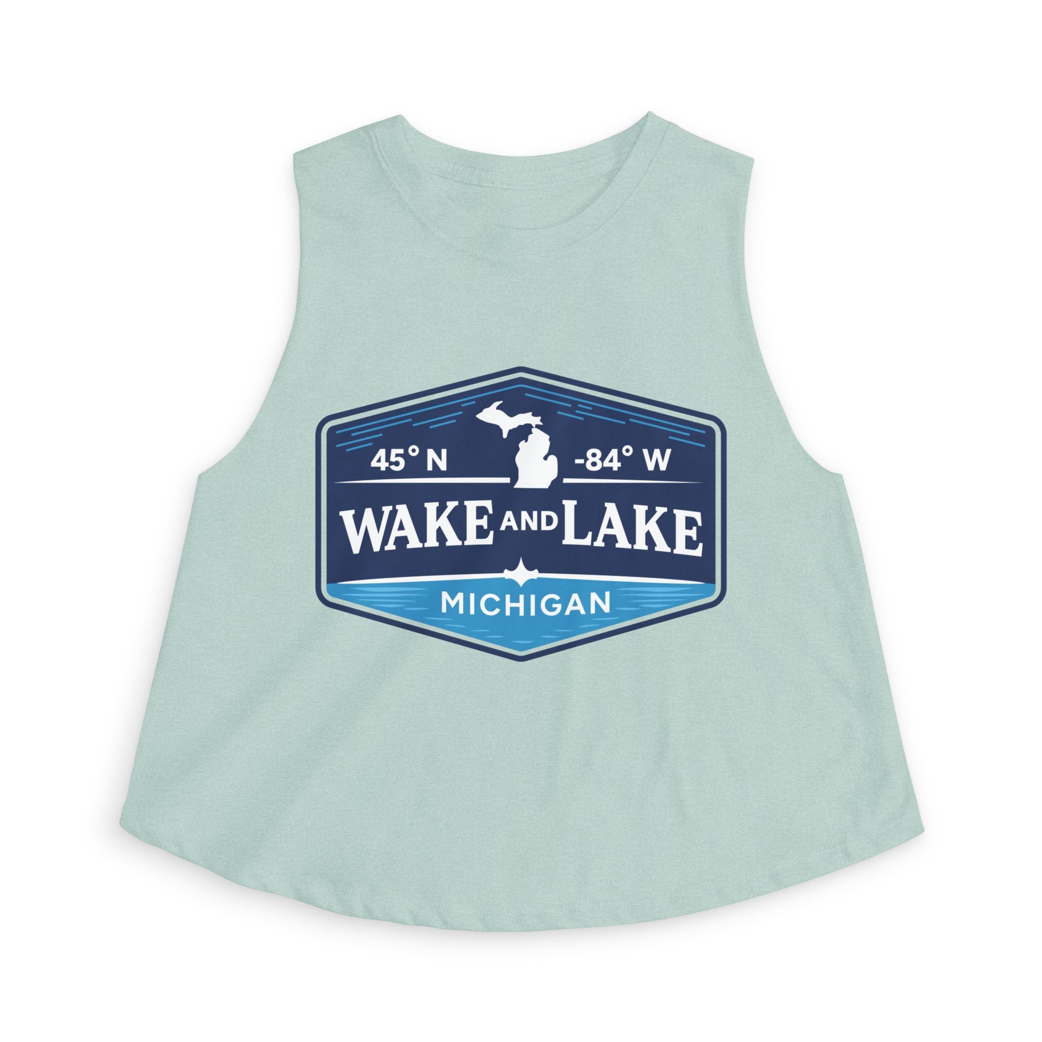 Wake and Lake Michigan Shield Women's Crop Tee – Fitted, sleeveless, seafoam, front view