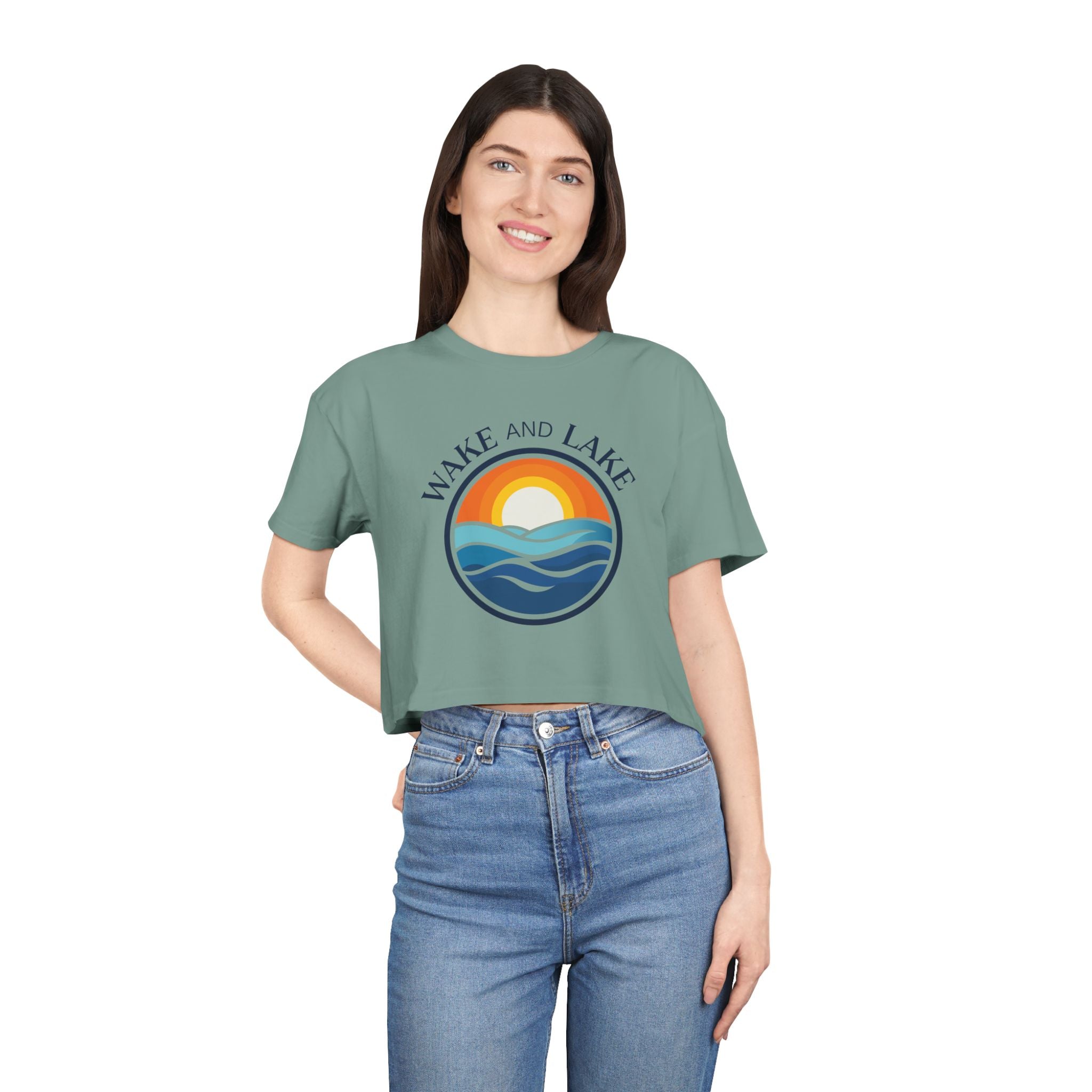 Wake and Lake Michigan Shield Women's Crop Tee on a boat deck
Relaxed crop top with Michigan crest graphic for lake days
Women's breezy boating crop tee with Wake and Lake Michigan branding
Soft women's Michigan Great Lakes crop t-shirt relaxed fit
