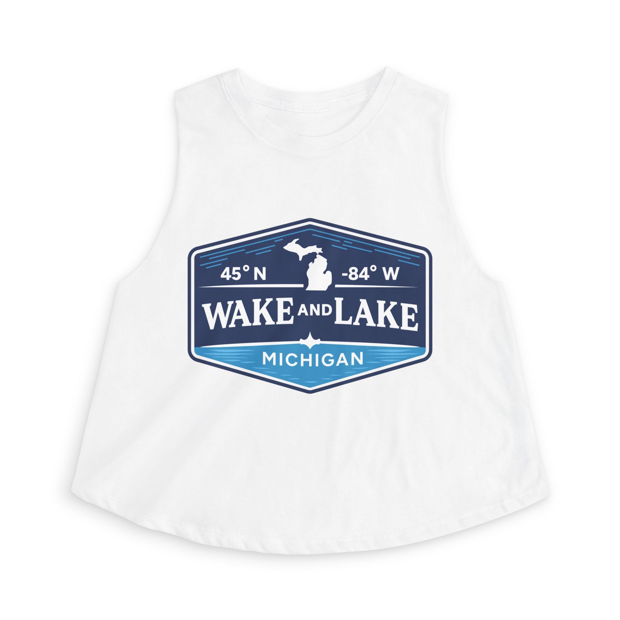 Wake and Lake Michigan Shield Women's Crop Fitted Tee, sleeveless, white, front view