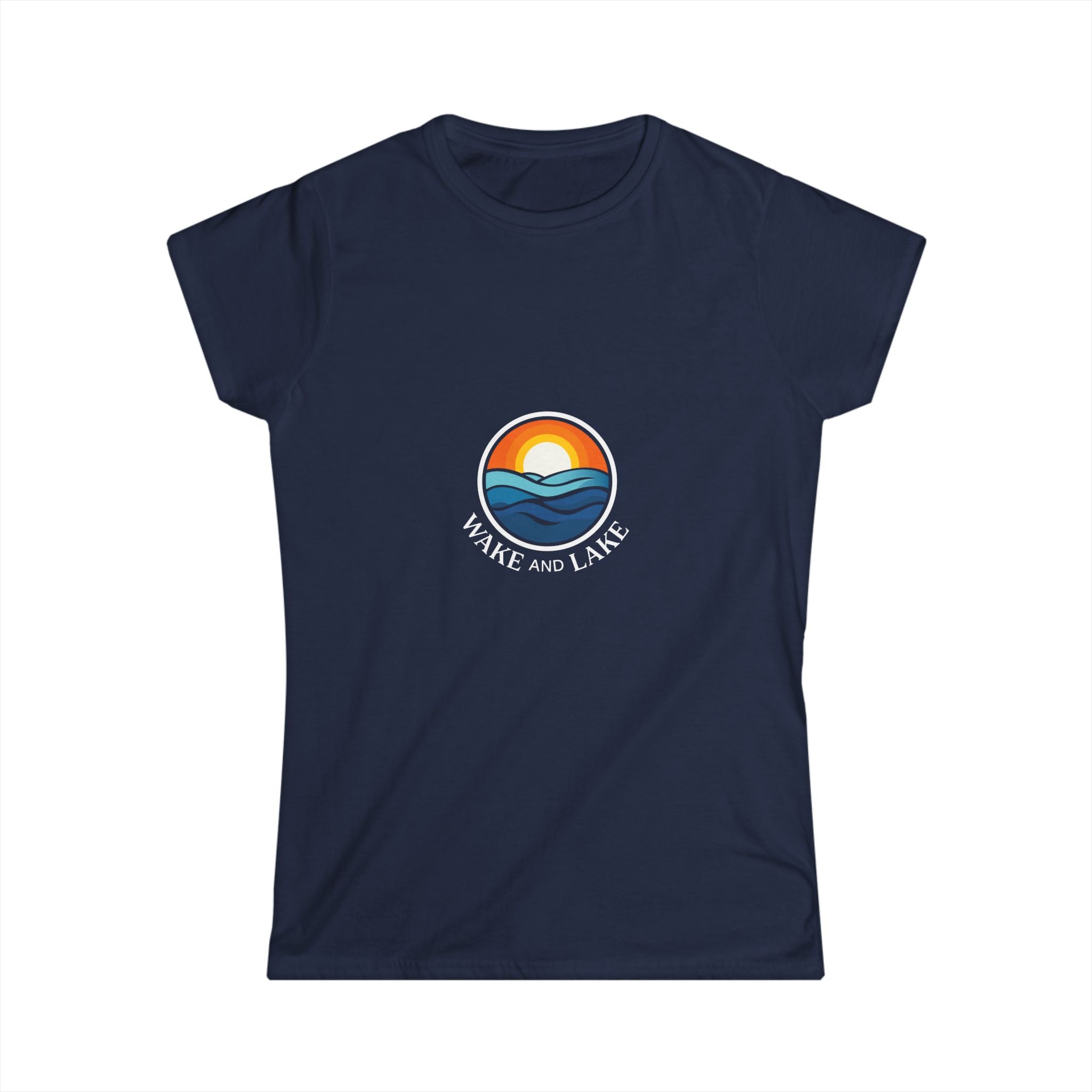 Wake and Lake Michigan Shield Women's Fitted Tee in navy, front view