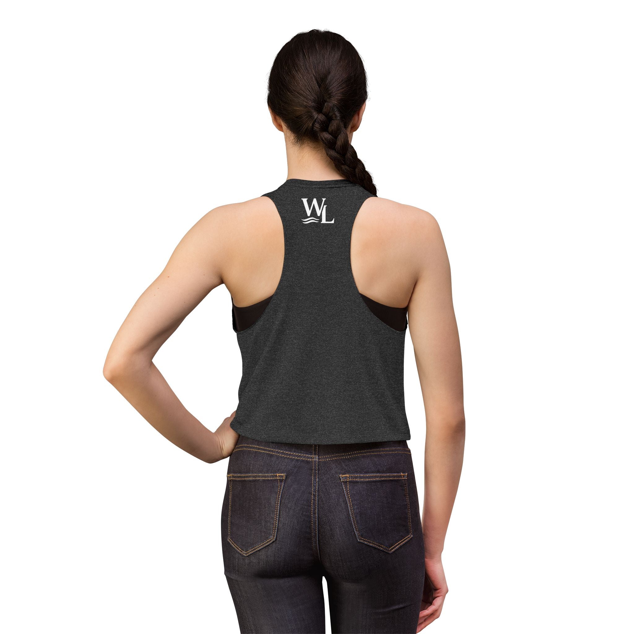 Wake and Lake Michigan Shield Women's Crop Tee – Fitted, sleeveless, black, back view with WL logo on model.  