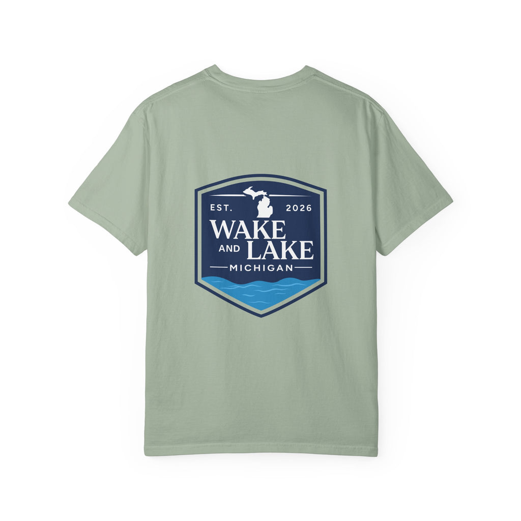 Wake and Lake Michigan Shield Tee worn on a Great Lakes dock
Bold Michigan crest graphic t-shirt for lake life
Michigan boating shirt with Wake and Lake shield logo
Unisex cotton tee with Michigan state pride lake graphic
