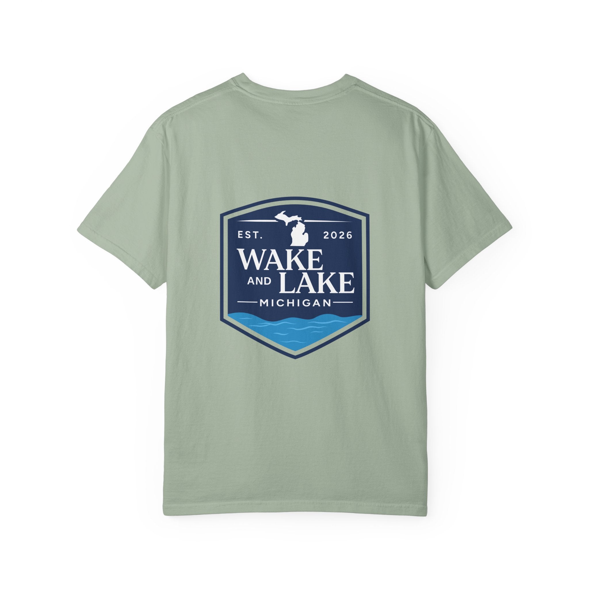 Wake and Lake Michigan Shield Tee worn on a Great Lakes dock
Bold Michigan crest graphic t-shirt for lake life
Michigan boating shirt with Wake and Lake shield logo
Unisex cotton tee with Michigan state pride lake graphic
