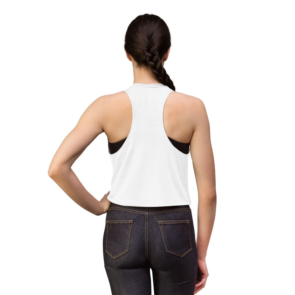Wake and Lake Michigan Shield Women's Crop Tee – Fitted, sleeveless, white, back  view on model.