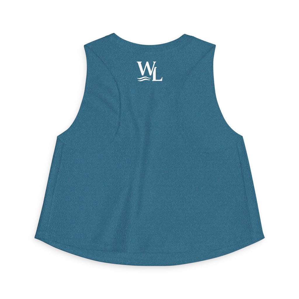 Wake and Lake Michigan Shield Women's Crop Tee – Fitted, sleeveless, blue, back view with WL logo