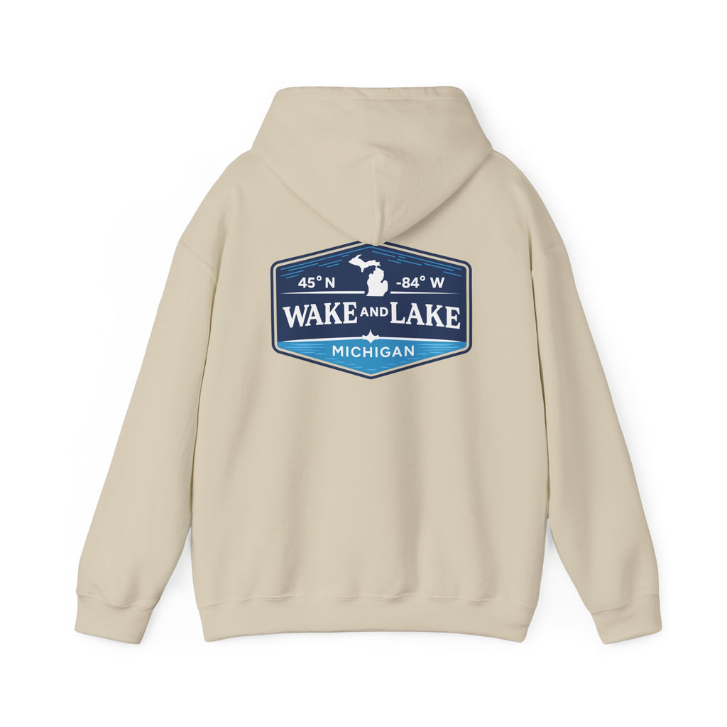 Wake and Lake Michigan Shield Hoodie worn on a foggy Great Lakes morning
Midweight Michigan crest sweatshirt for lake life
Michigan boating hoodie with bold shield graphic and Wake and Lake branding
Unisex Great Lakes fleece hoodie with Michigan shield crest
