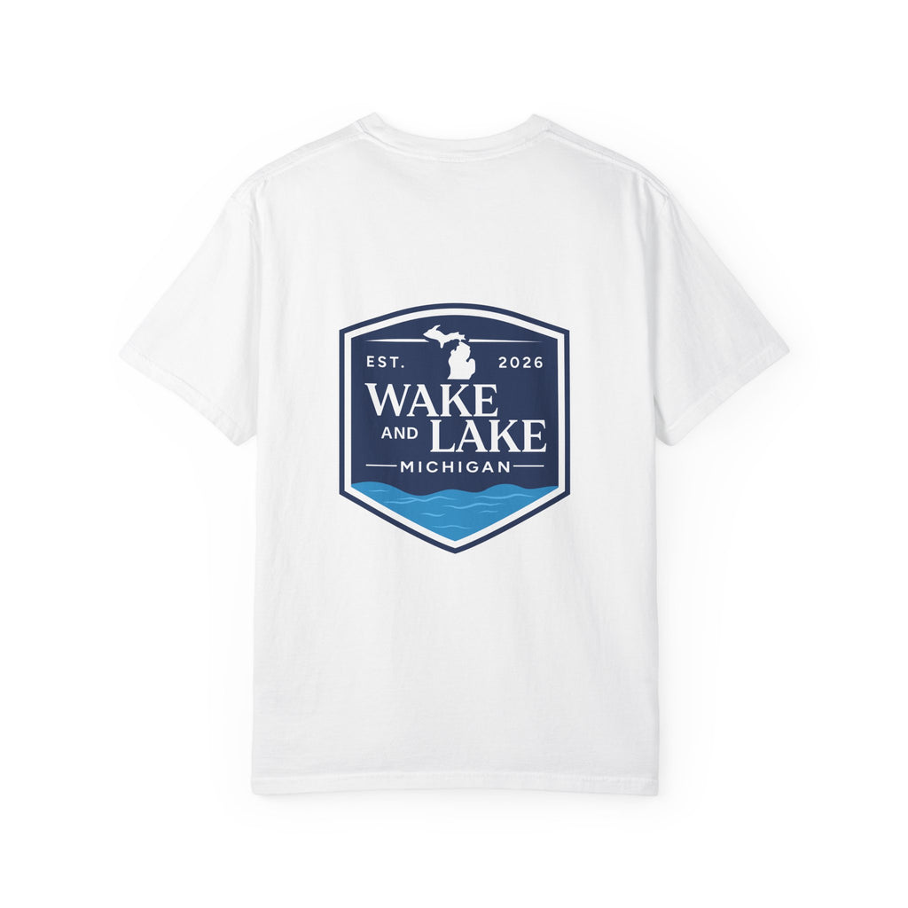 Wake and Lake Michigan Shield Tee worn on a Great Lakes dock
Bold Michigan crest graphic t-shirt for lake life
Michigan boating shirt with Wake and Lake shield logo
Unisex cotton tee with Michigan state pride lake graphic

