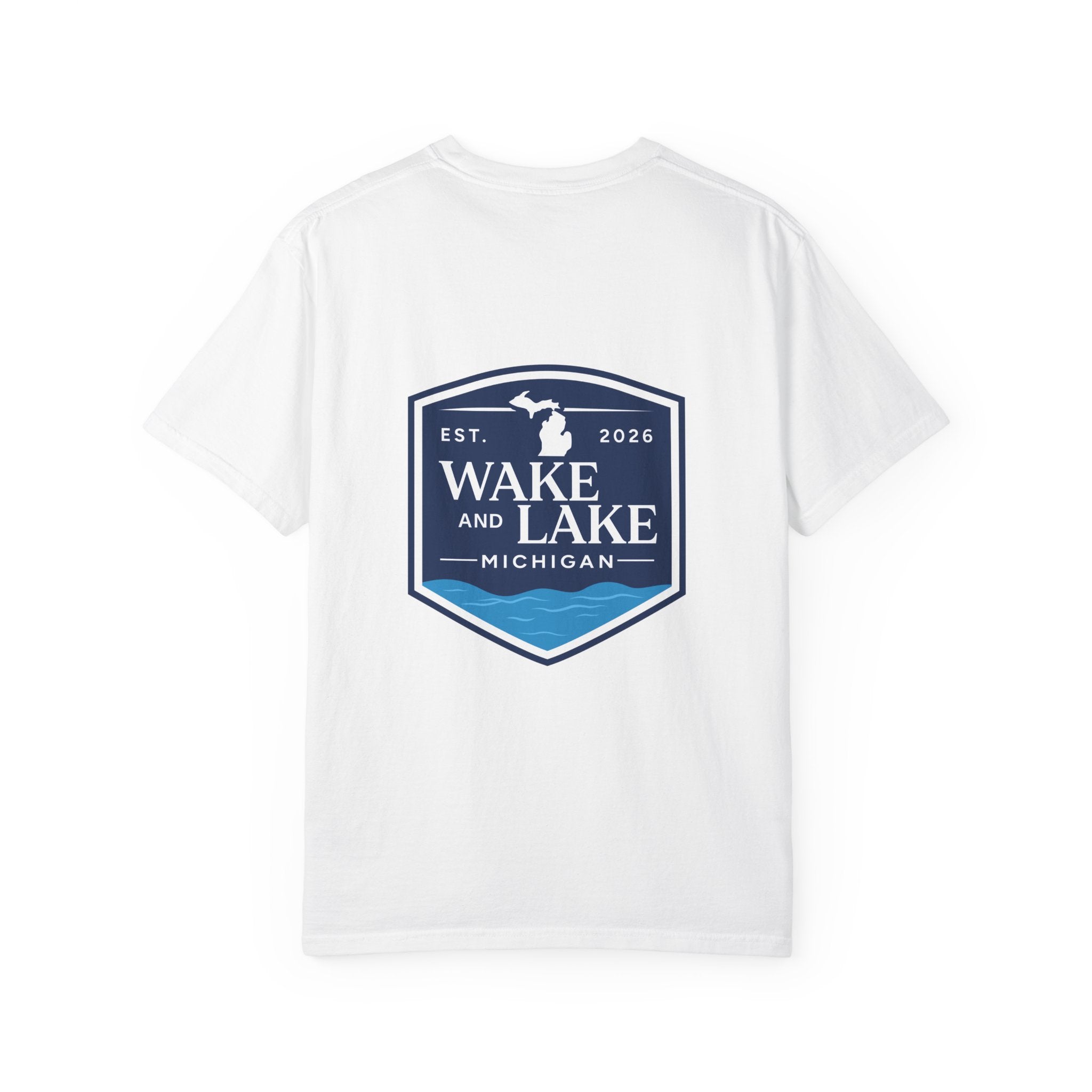 Wake and Lake Michigan Shield Tee worn on a Great Lakes dock
Bold Michigan crest graphic t-shirt for lake life
Michigan boating shirt with Wake and Lake shield logo
Unisex cotton tee with Michigan state pride lake graphic
