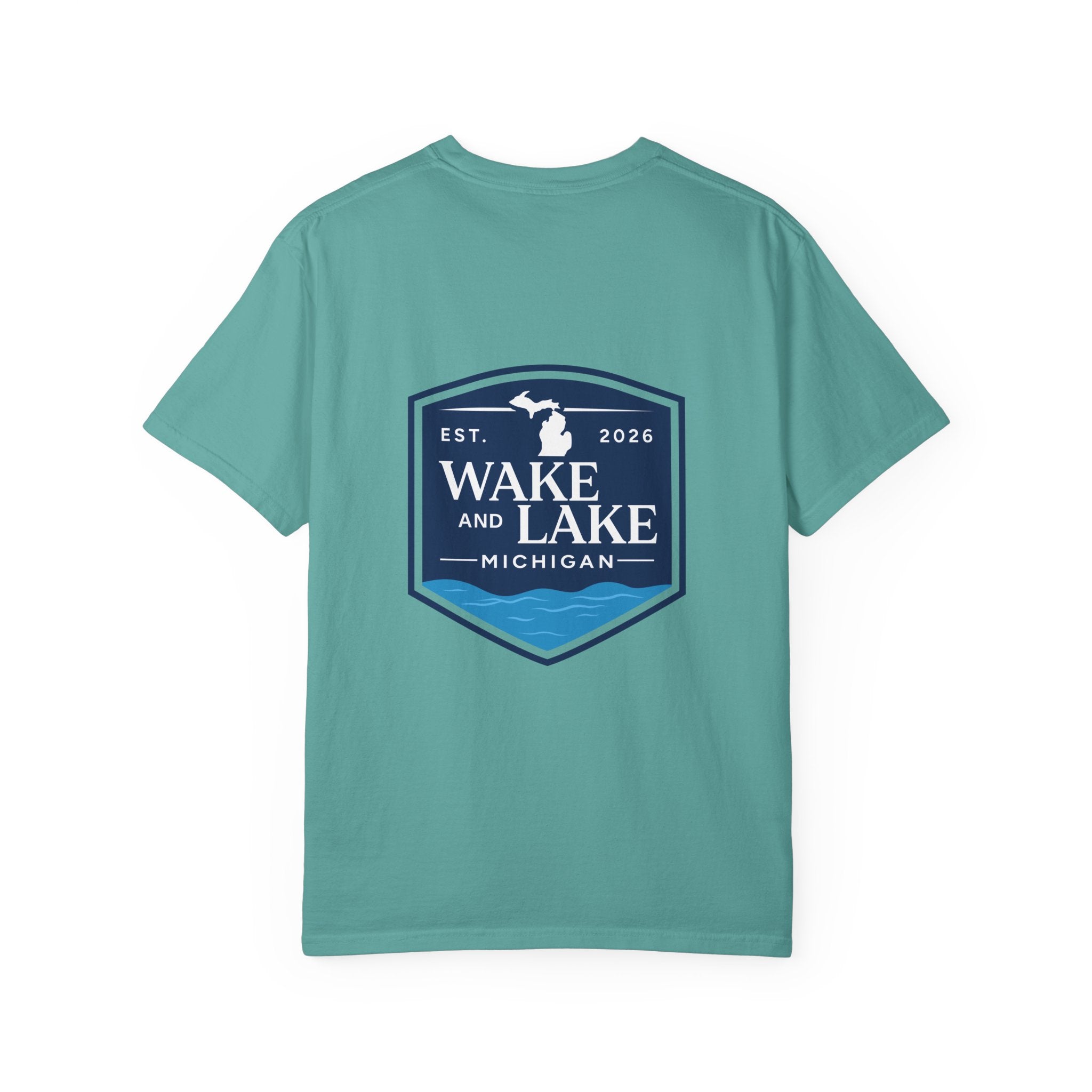 Wake and Lake Michigan Shield Tee worn on a Great Lakes dock
Bold Michigan crest graphic t-shirt for lake life
Michigan boating shirt with Wake and Lake shield logo
Unisex cotton tee with Michigan state pride lake graphic
