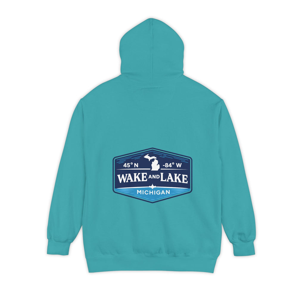 Wake and Lake Michigan Shield Hoodie – Premium in Seafoam, back view, with the 45°N -84°W coordinate badge across the shoulders.