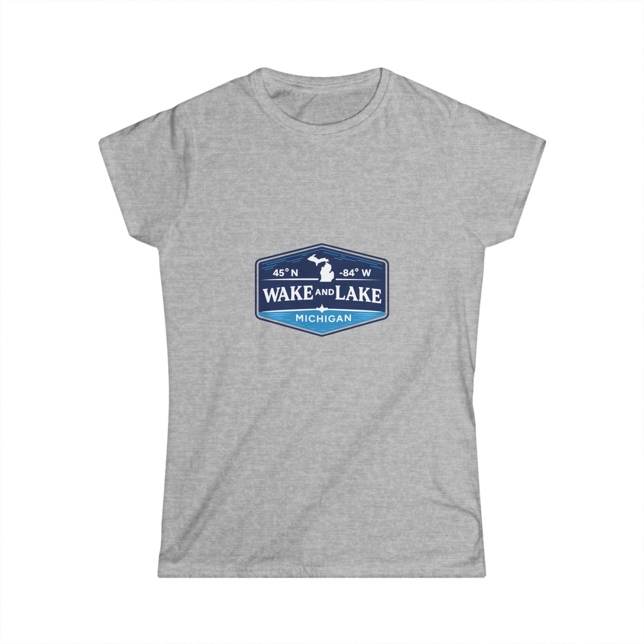 Wake and Lake Michigan Shield Women's Fitted Tee in light gray, front view