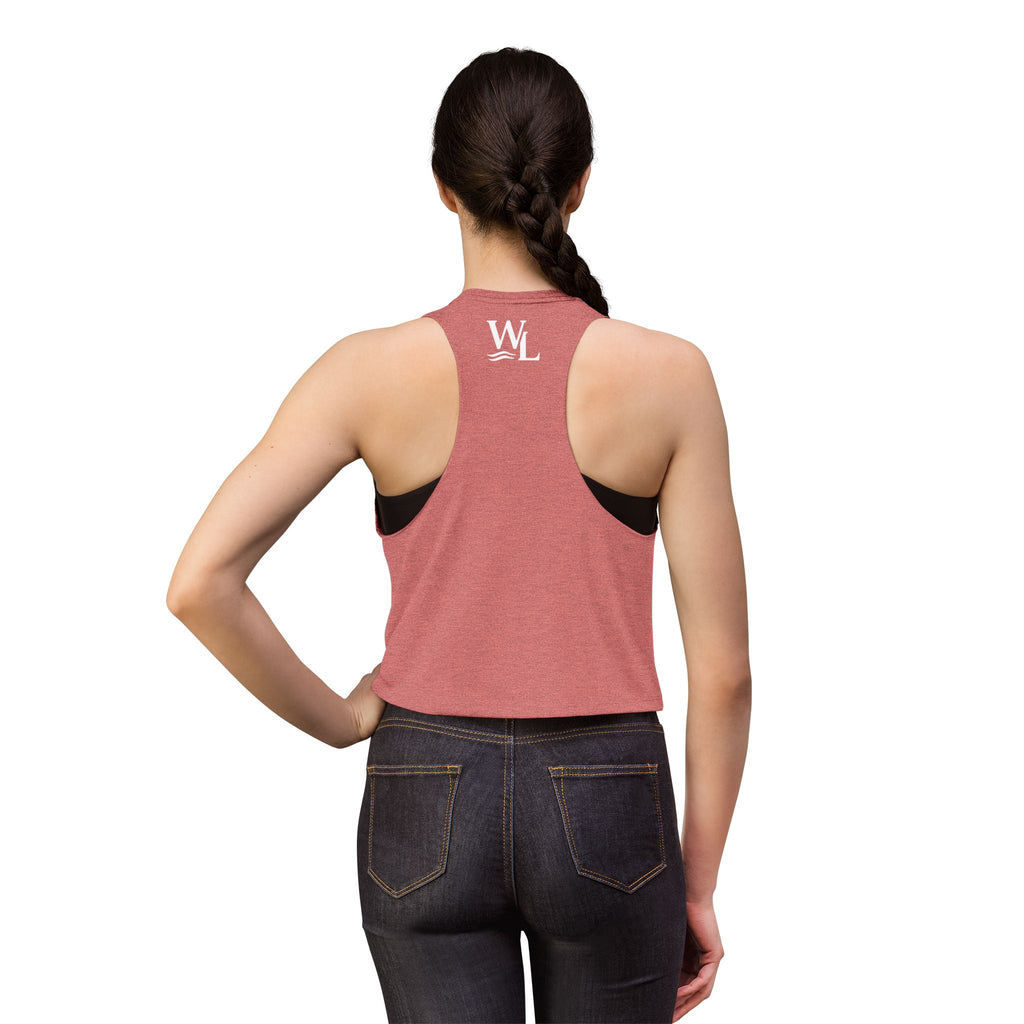 Wake and Lake Michigan Shield Women's Crop Tee – Fitted, sleeveless, blue, back view with WL logo on model