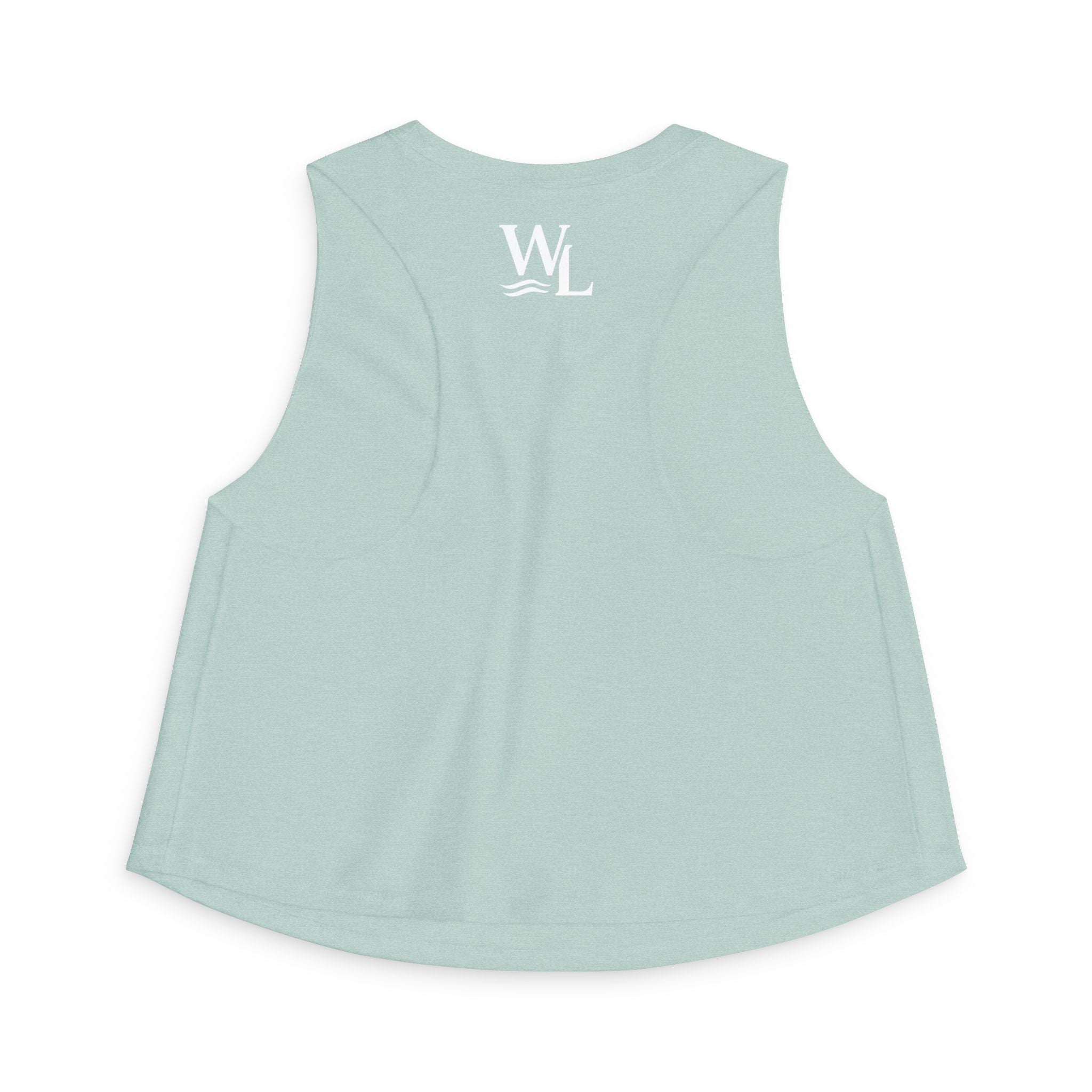 Wake and Lake Michigan Shield Women's Crop Tee – Fitted, sleeveless, seafoam, back view with WL logo