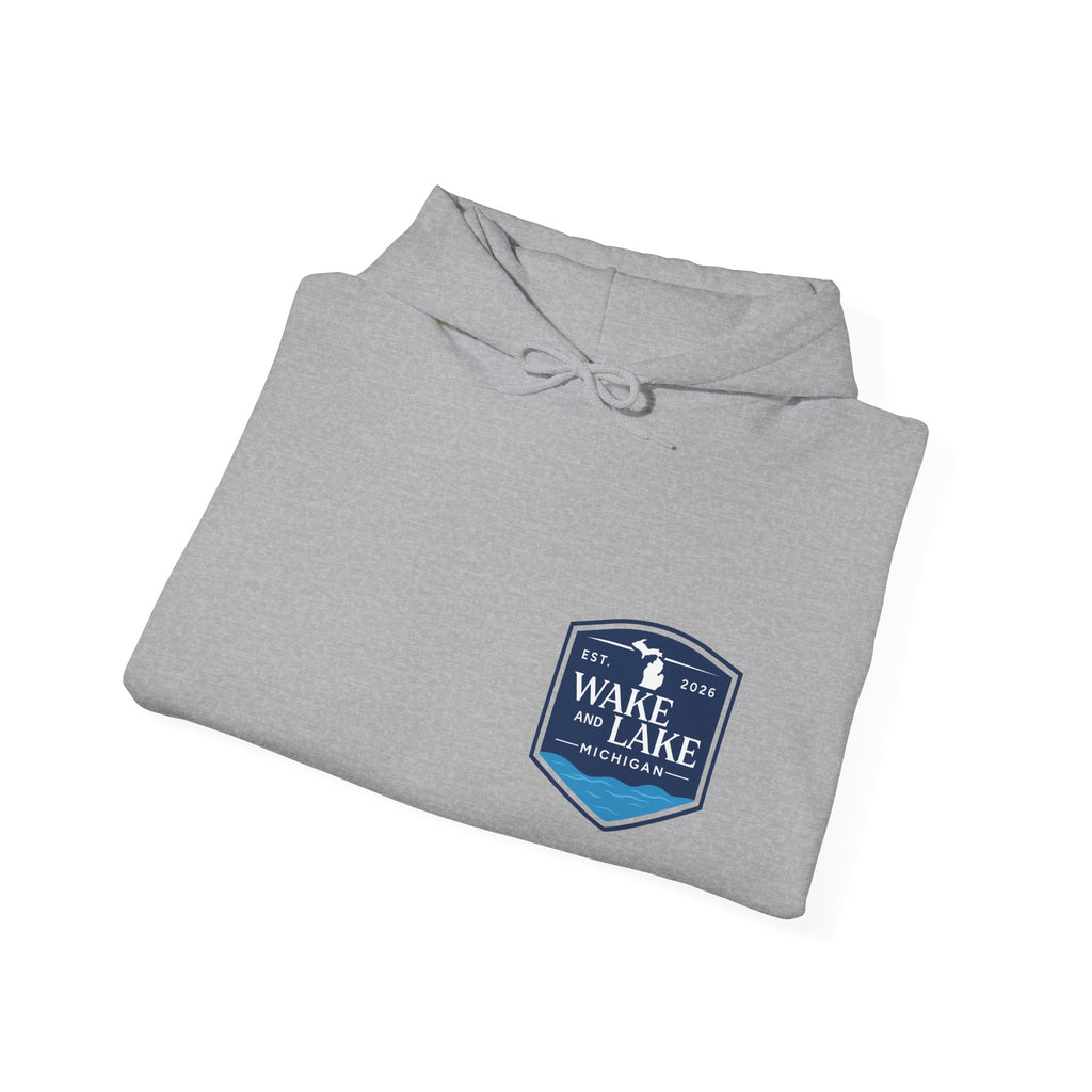 Wake and Lake Michigan Shield Hoodie worn on a foggy Great Lakes morning
Midweight Michigan crest sweatshirt for lake life
Michigan boating hoodie with bold shield graphic and Wake and Lake branding
Unisex Great Lakes fleece hoodie with Michigan shield crest
