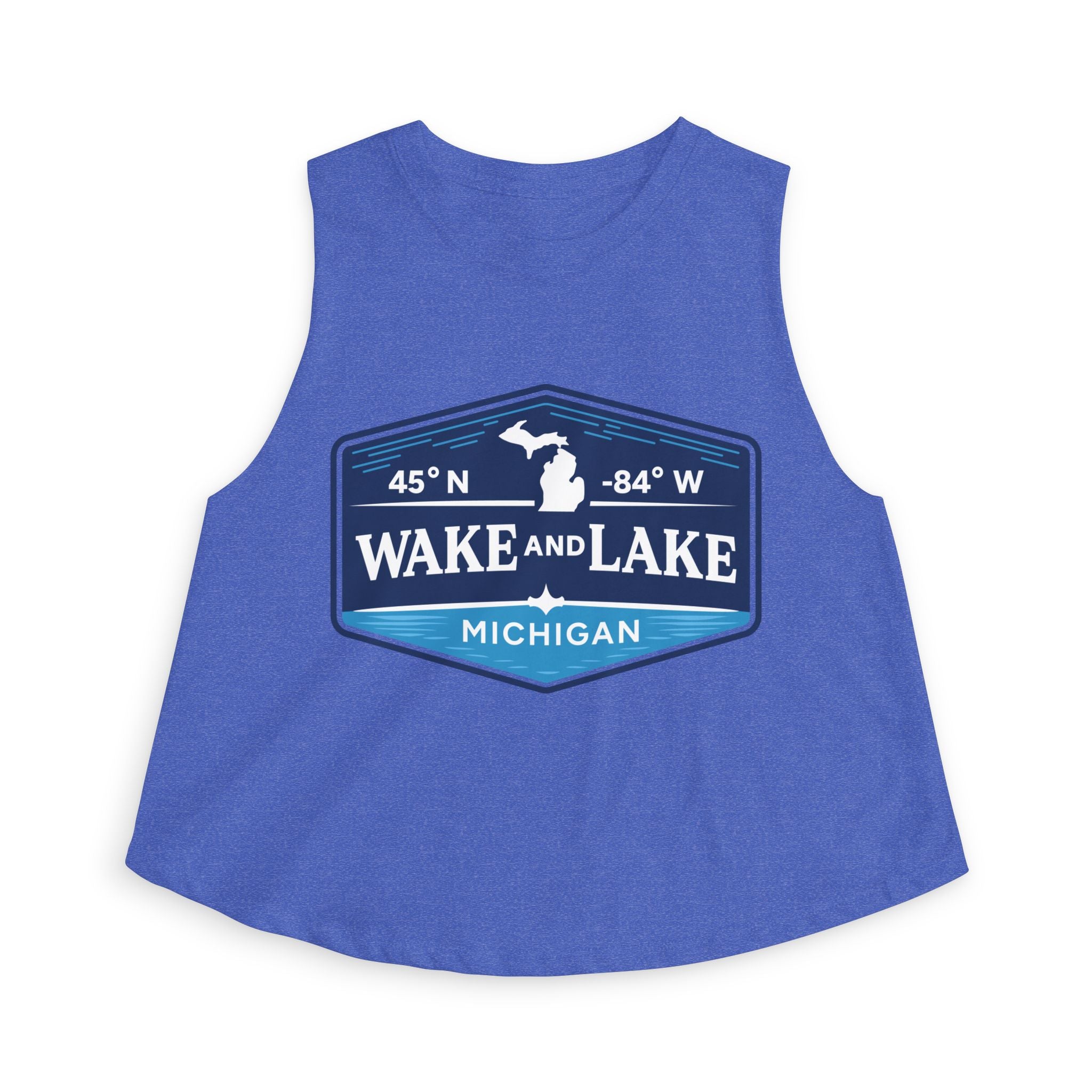 Wake and Lake Michigan Shield Women's Crop Tee – Fitted, sleeveless, blue, front view.