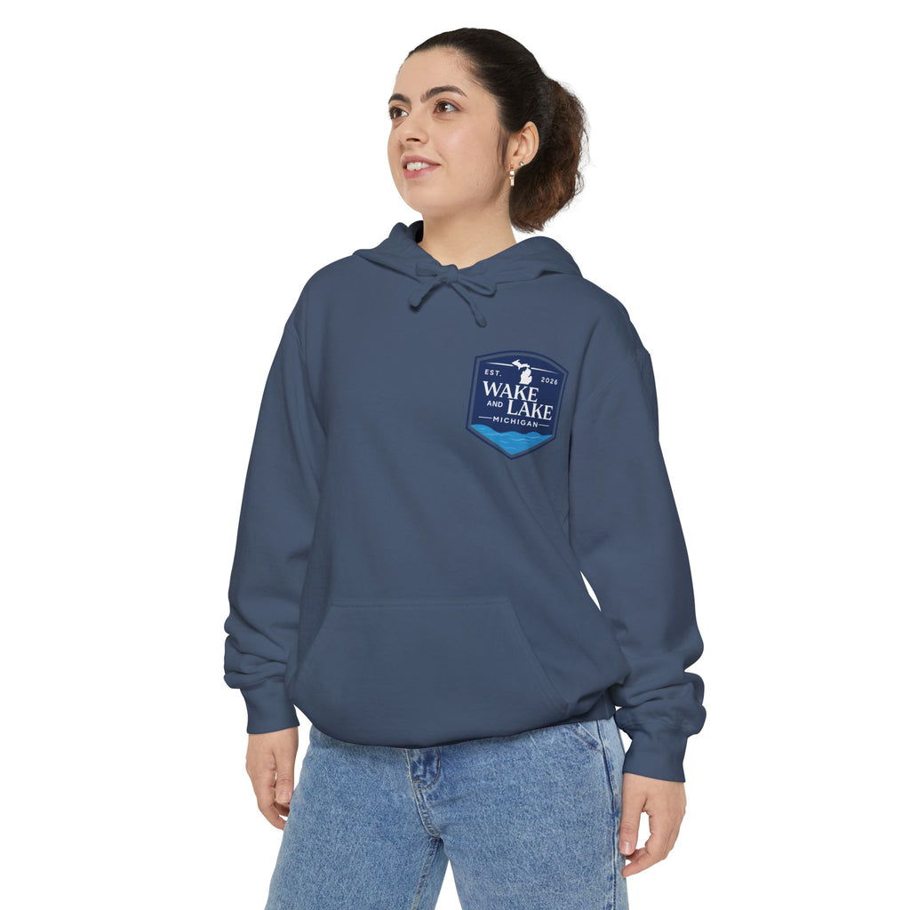 Wake and Lake Life Circle Crest Hoodie Light worn on a summer boat morning
Light-colored lake life sweatshirt with circle crest graphic
Natural white or sand lake hoodie for warm summer days
Soft light fleece with Wake and Lake circle crest design

