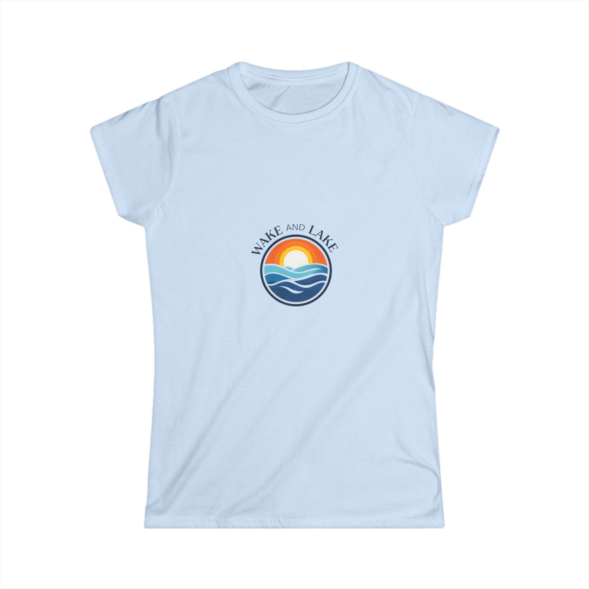 Wake and Lake Circle Crest Women's Fitted Tee, light blue, front view