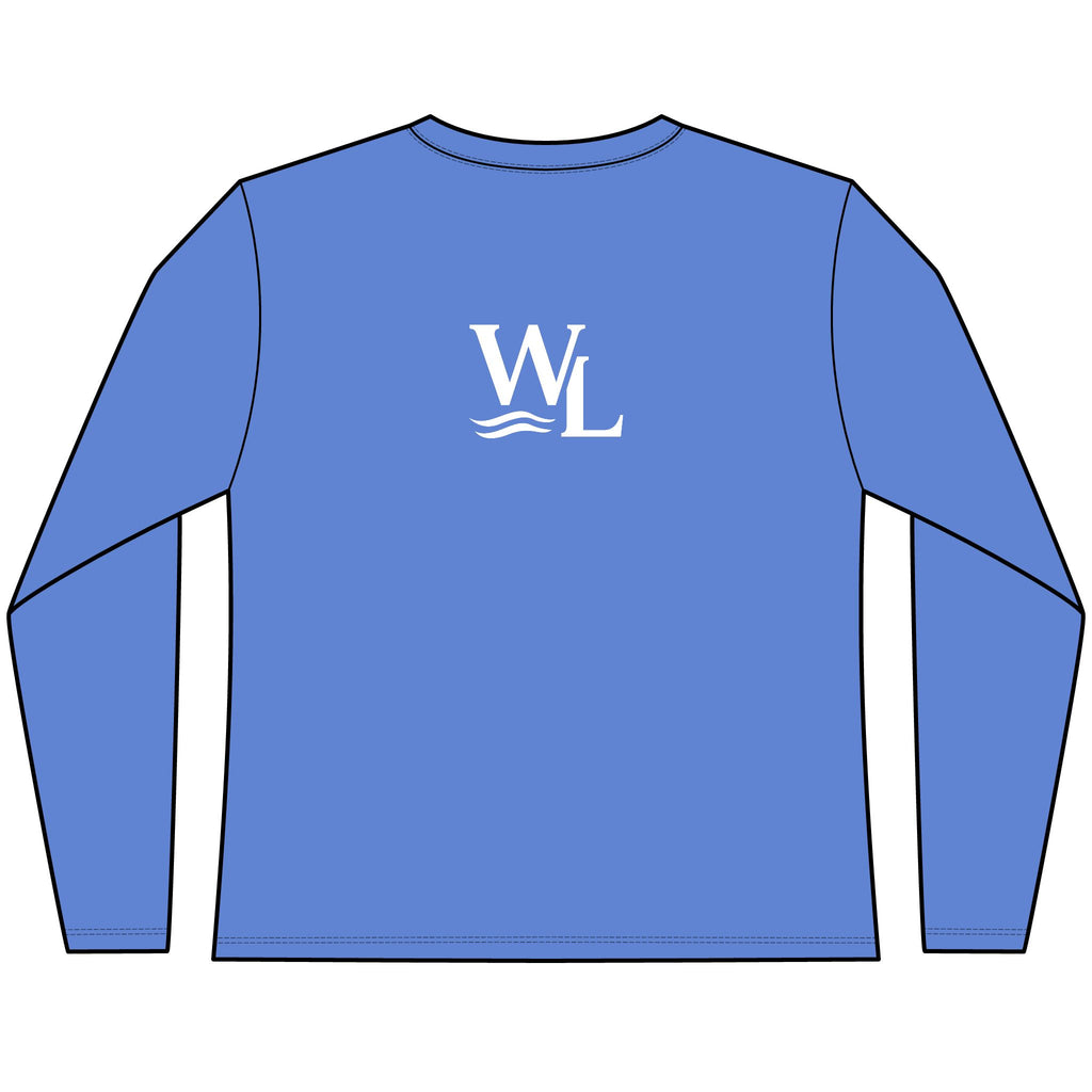 Wake and Lake Circle Crest Women's Long Sleeve Tee on an autumn dock
Soft fitted women's long sleeve lake life shirt with crest graphic
Wake and Lake branded women's shoulder-season tee
Circle crest long sleeve cotton top for cool lake mornings
