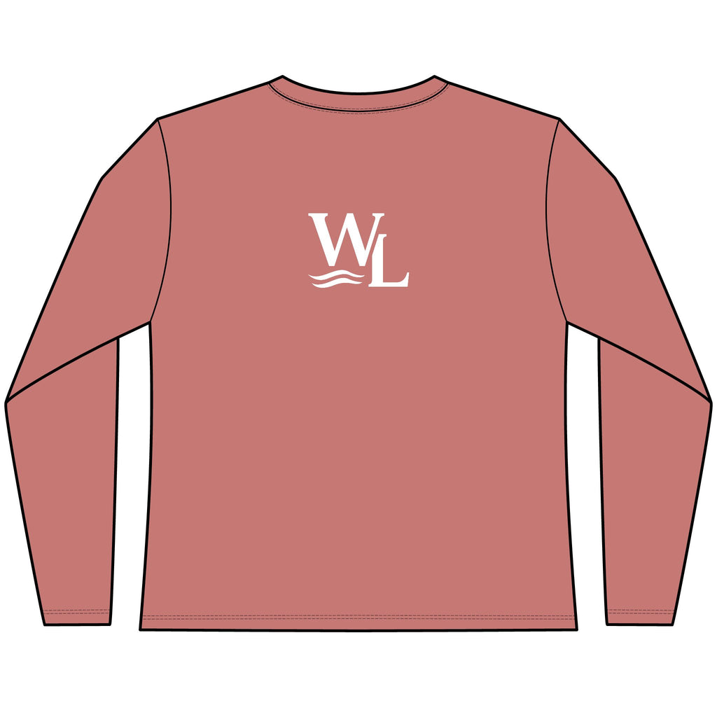 Wake and Lake Circle Crest Women's Long Sleeve Tee on an autumn dock
Soft fitted women's long sleeve lake life shirt with crest graphic
Wake and Lake branded women's shoulder-season tee
Circle crest long sleeve cotton top for cool lake mornings
