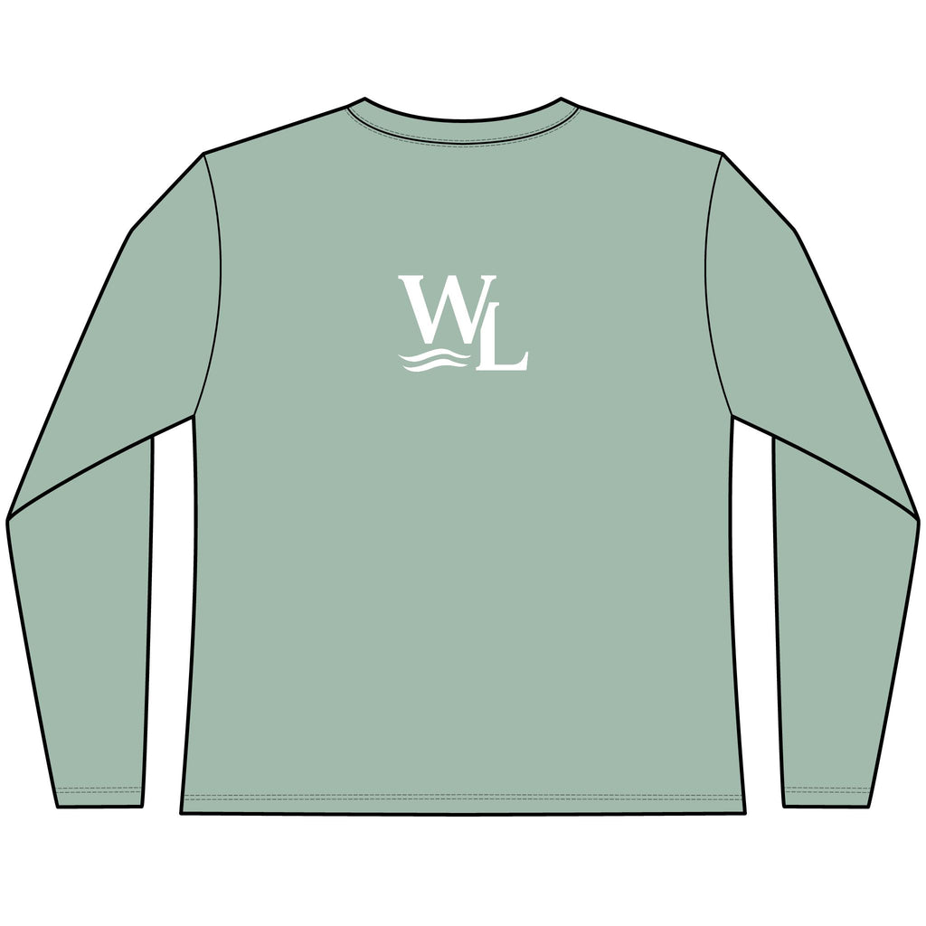 Wake and Lake Circle Crest Women's Long Sleeve Tee on an autumn dock
Soft fitted women's long sleeve lake life shirt with crest graphic
Wake and Lake branded women's shoulder-season tee
Circle crest long sleeve cotton top for cool lake mornings

