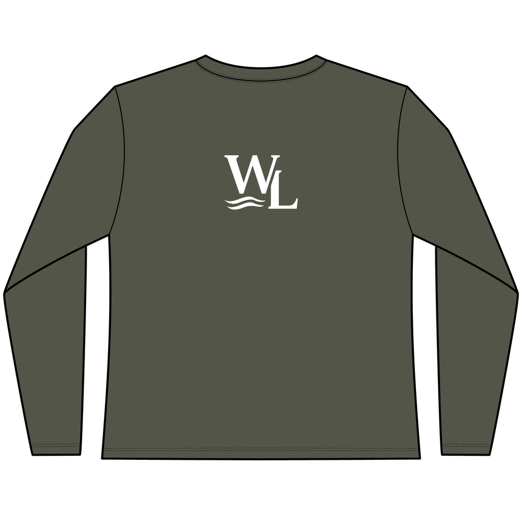 Wake and Lake Circle Crest Women's Long Sleeve Tee on an autumn dock
Soft fitted women's long sleeve lake life shirt with crest graphic
Wake and Lake branded women's shoulder-season tee
Circle crest long sleeve cotton top for cool lake mornings
