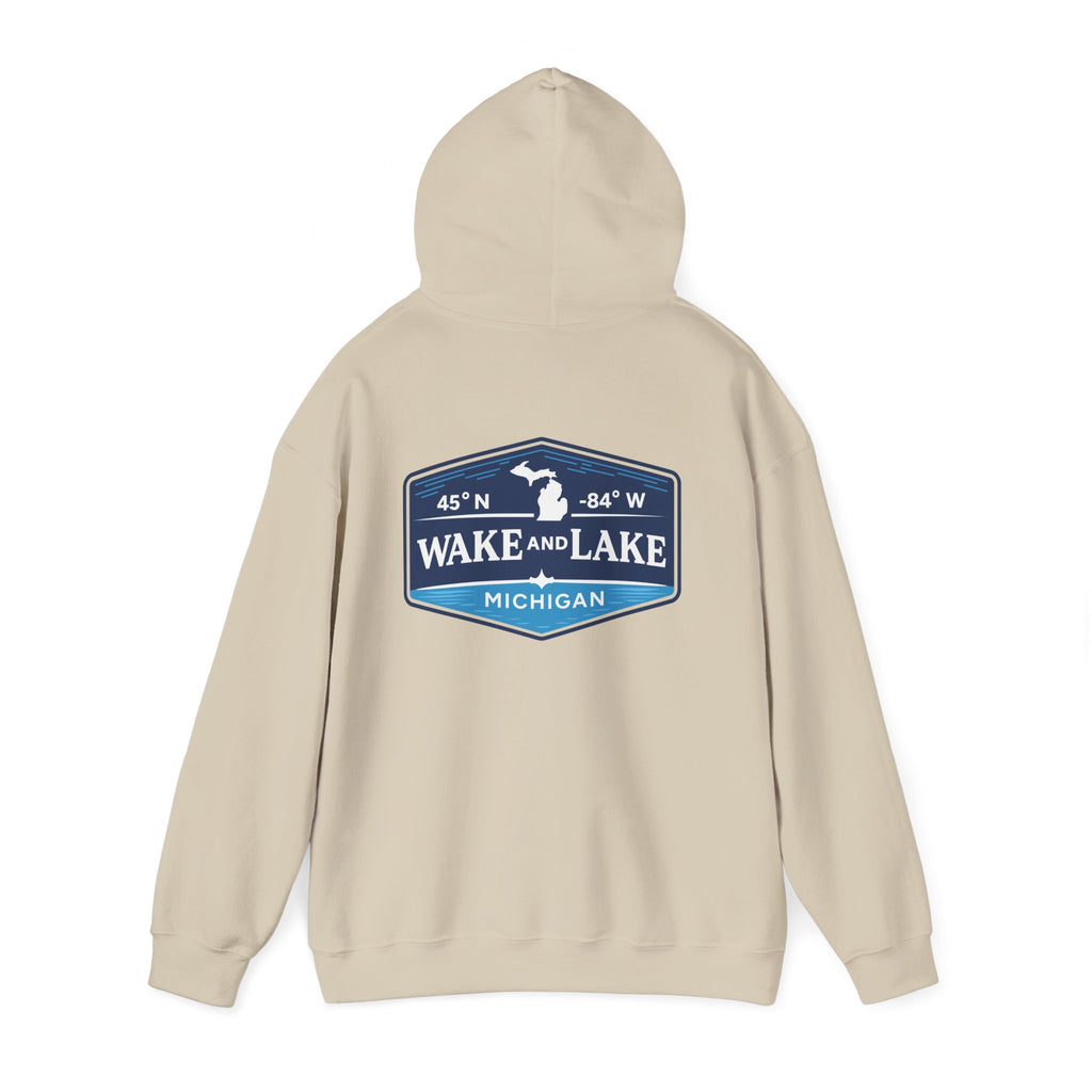 Wake and Lake Michigan Shield Hoodie worn on a foggy Great Lakes morning
Midweight Michigan crest sweatshirt for lake life
Michigan boating hoodie with bold shield graphic and Wake and Lake branding
Unisex Great Lakes fleece hoodie with Michigan shield crest
