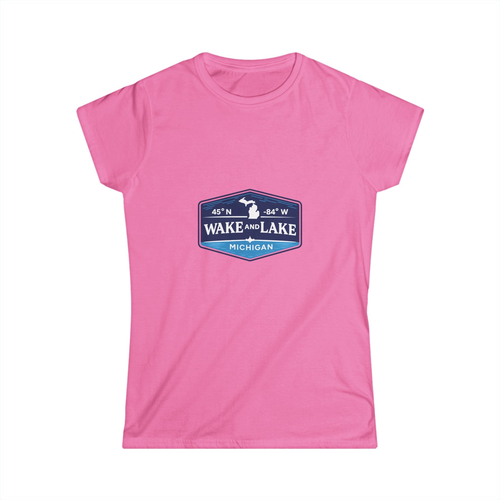 Wake and Lake Michigan Shield Women's Fitted Tee in pink, front view