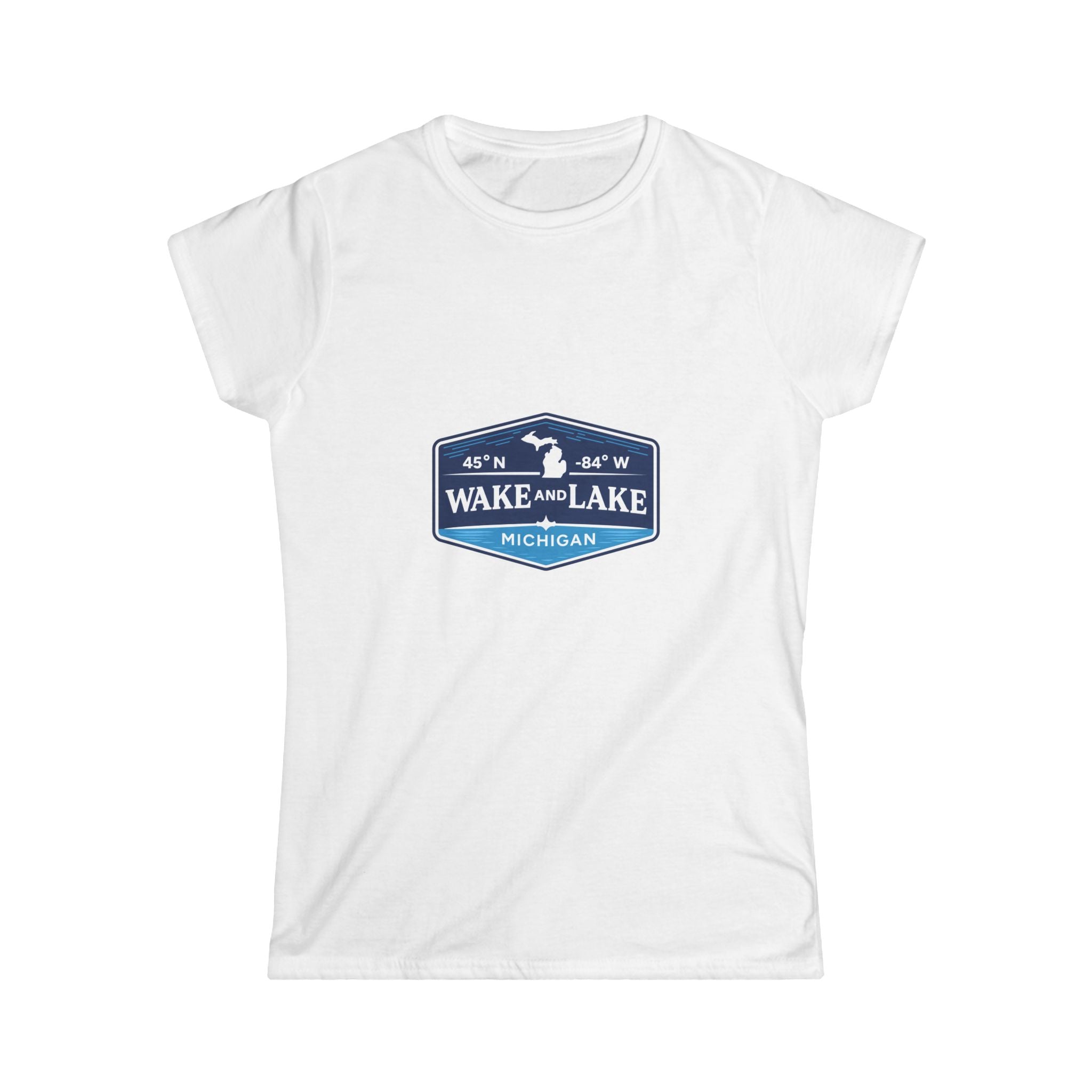 Wake and Lake Michigan Shield Women's Fitted Tee in white, front view